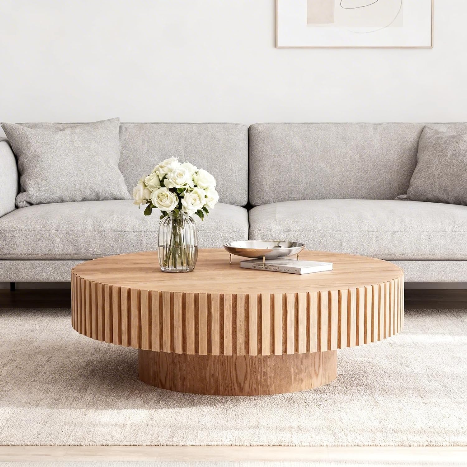 39.4' Round Coffee Table for Living Room, Modern Wooden Coffee Table Circle Center Table with Solid Wood Veneered, Easy Assembly, Oak