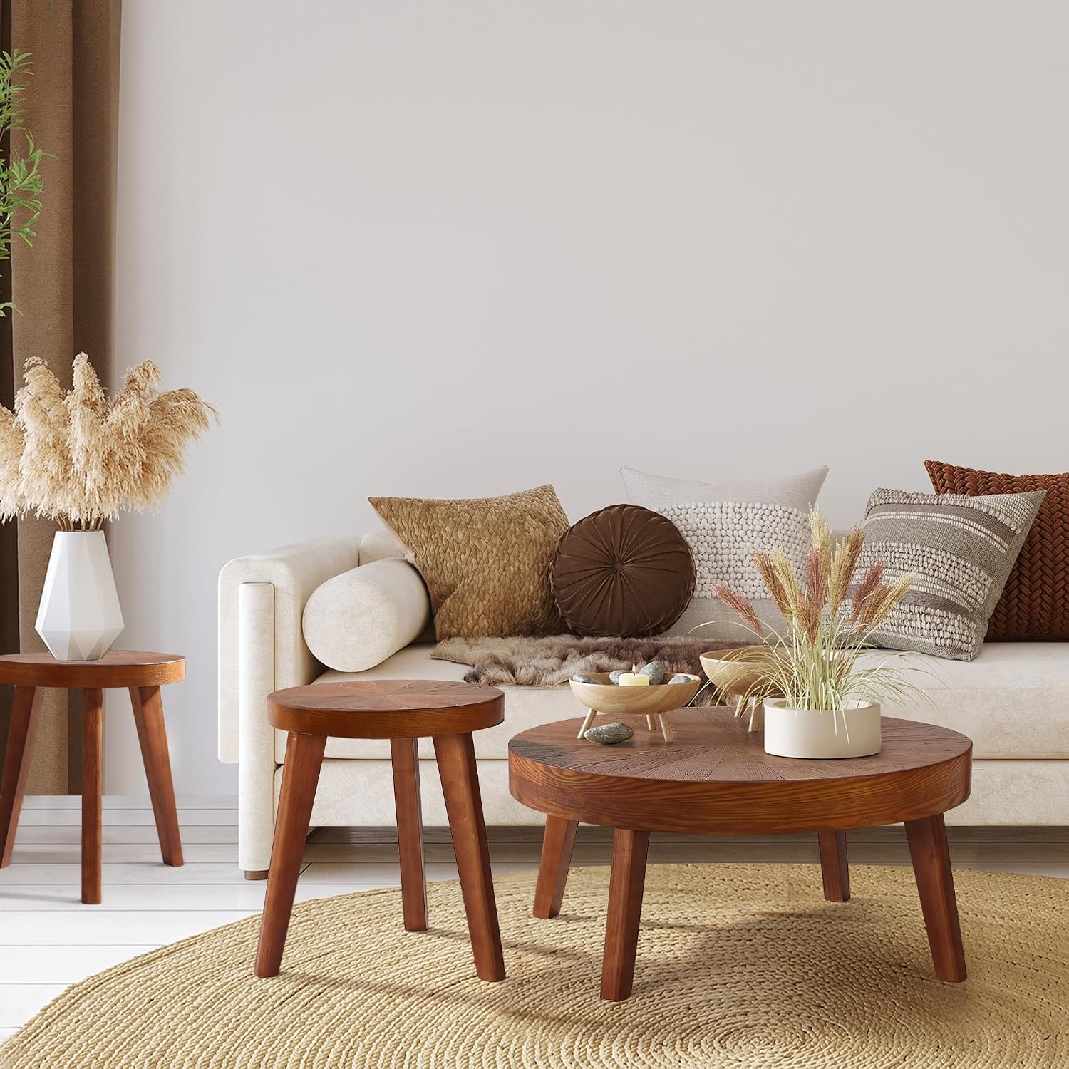 HOKYHOKY Farmhouse Round Coffee Table Set of 3, Boho Sofa Side Nesting Tables End Table Set with Wood Natural Finish for Living Room, Bedroom, Home Office,Brown