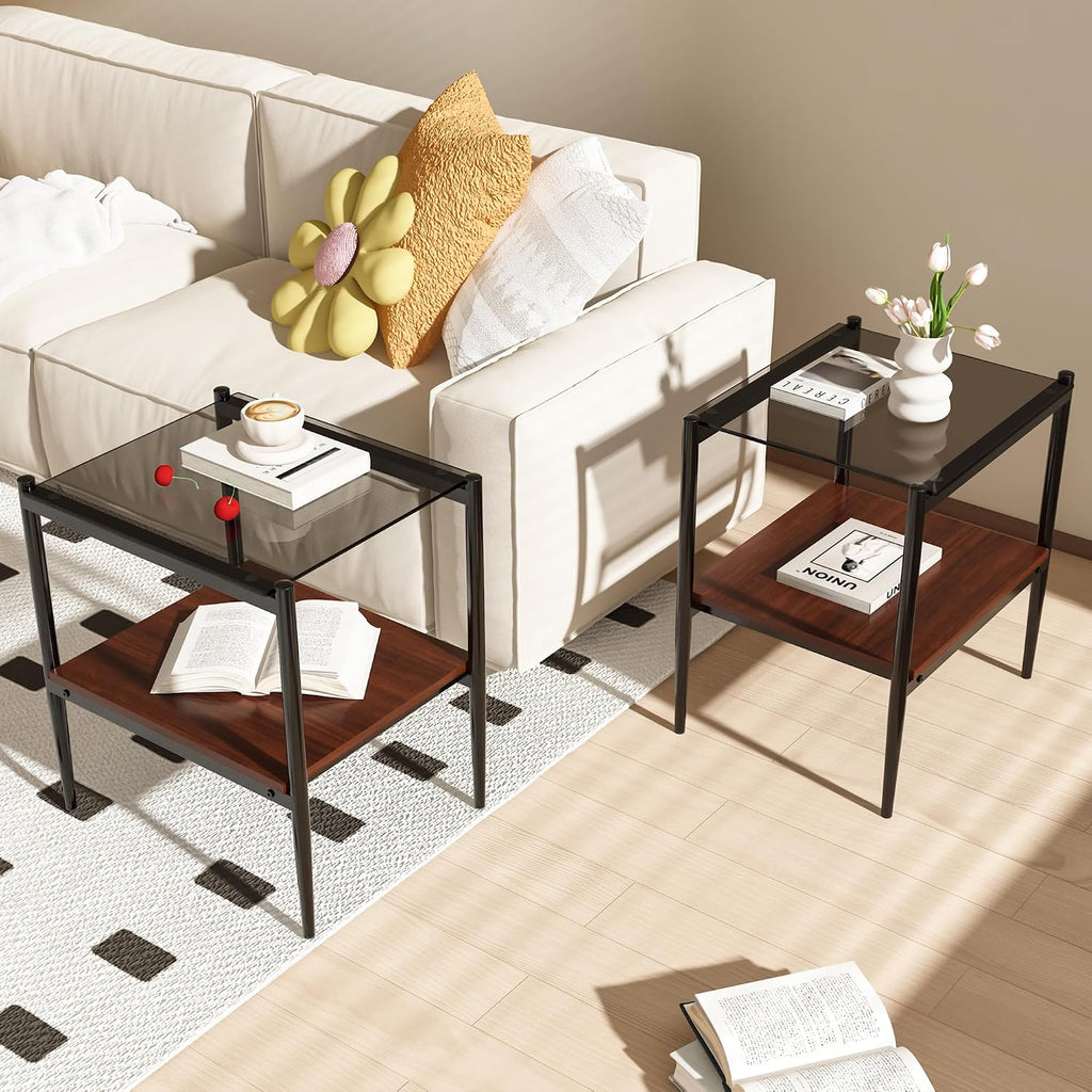 Grey Glass Coffee Table Sets of 3 Modern Living Room Table Set End Tables with Black Metal Legs and Walnut Bottom Shelf, Center Cocktail Furniture (Grey Brown)
