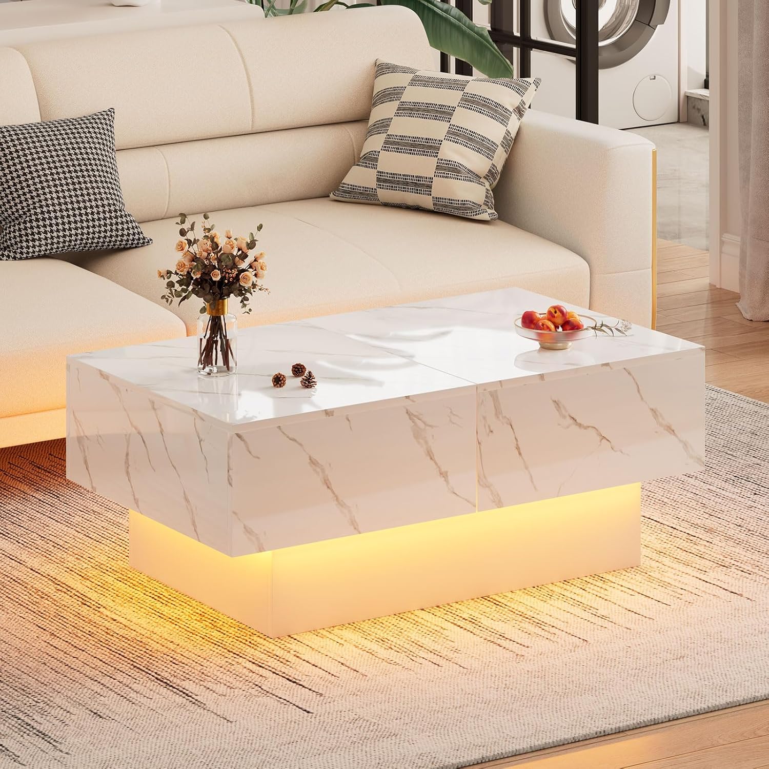 HedoAjim White Marble LED Coffee Table with Storage for Living Room, Living Room Table Rectangular Center Table, Modern High Glossy Wooden Coffee Tables for Dining Reception Room