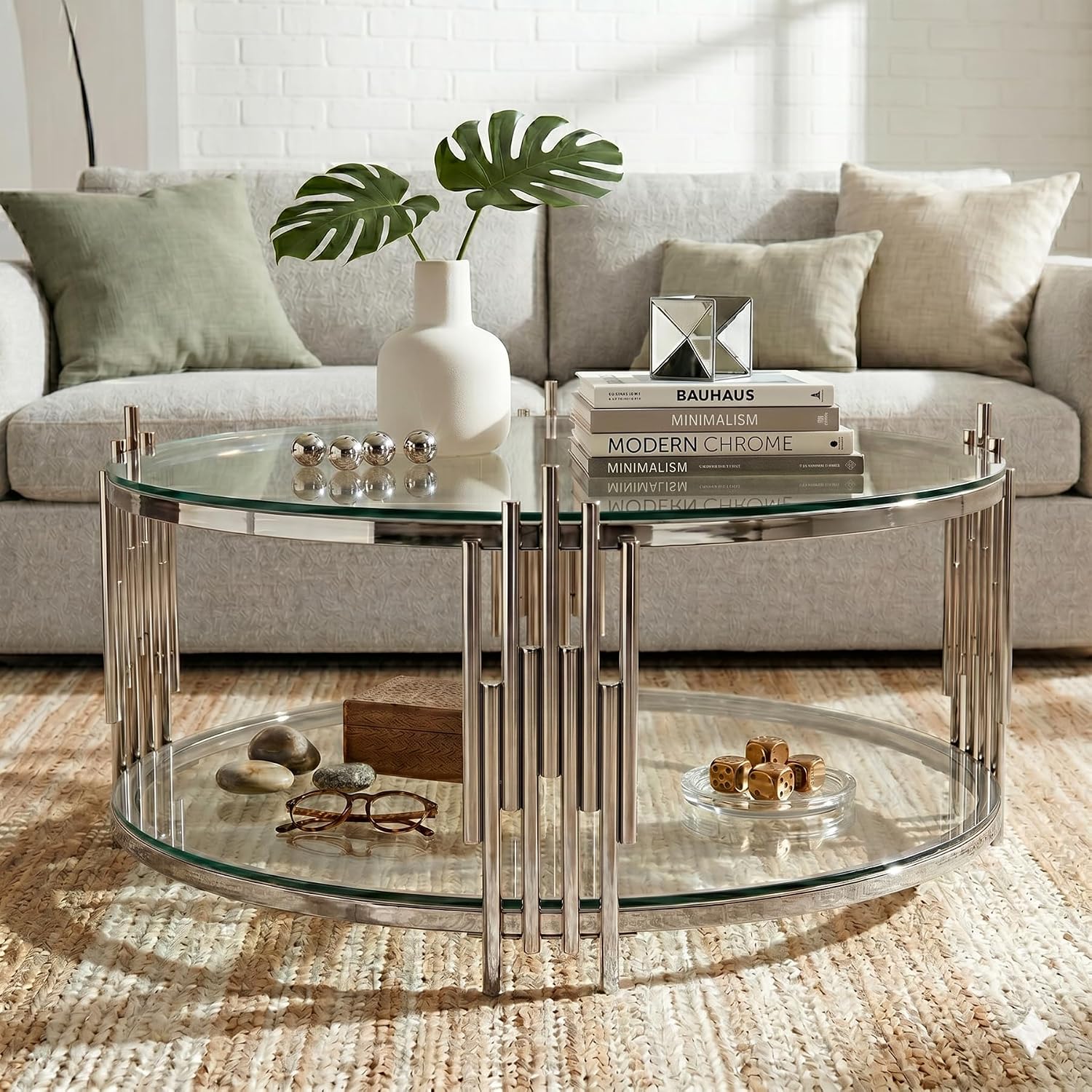 SSLine Round Glass Coffee Table with Silver Stainless Steel Frame Luxury Circle 2-Tier Coffee Table for Living Room Modern Elegant Center Table with Storage Shelves for Home Office
