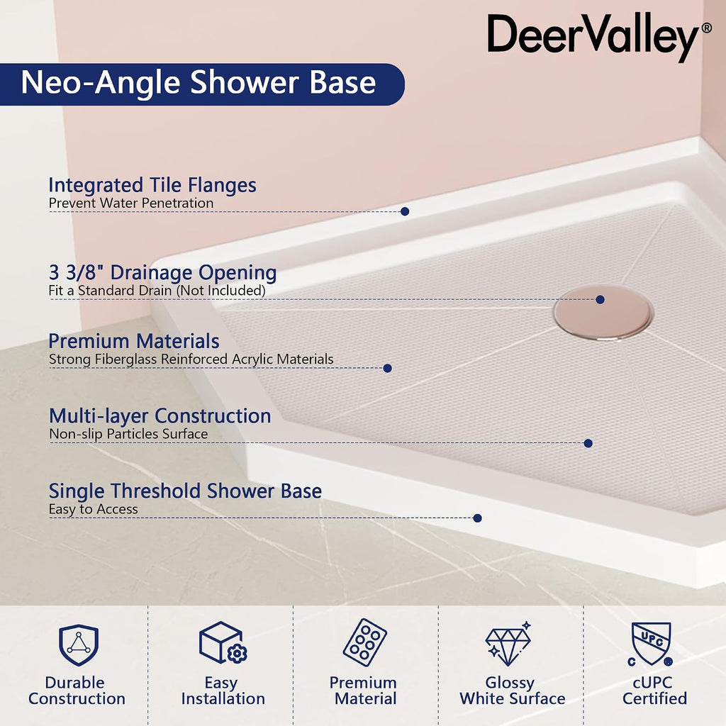 DeerValley 36'L X 36'W Neo-Angle Shower Base, White Single Threshold Acrylic Corner Shower Base, Non-Slip Textured Surface Bathroom Shower Floor Pan