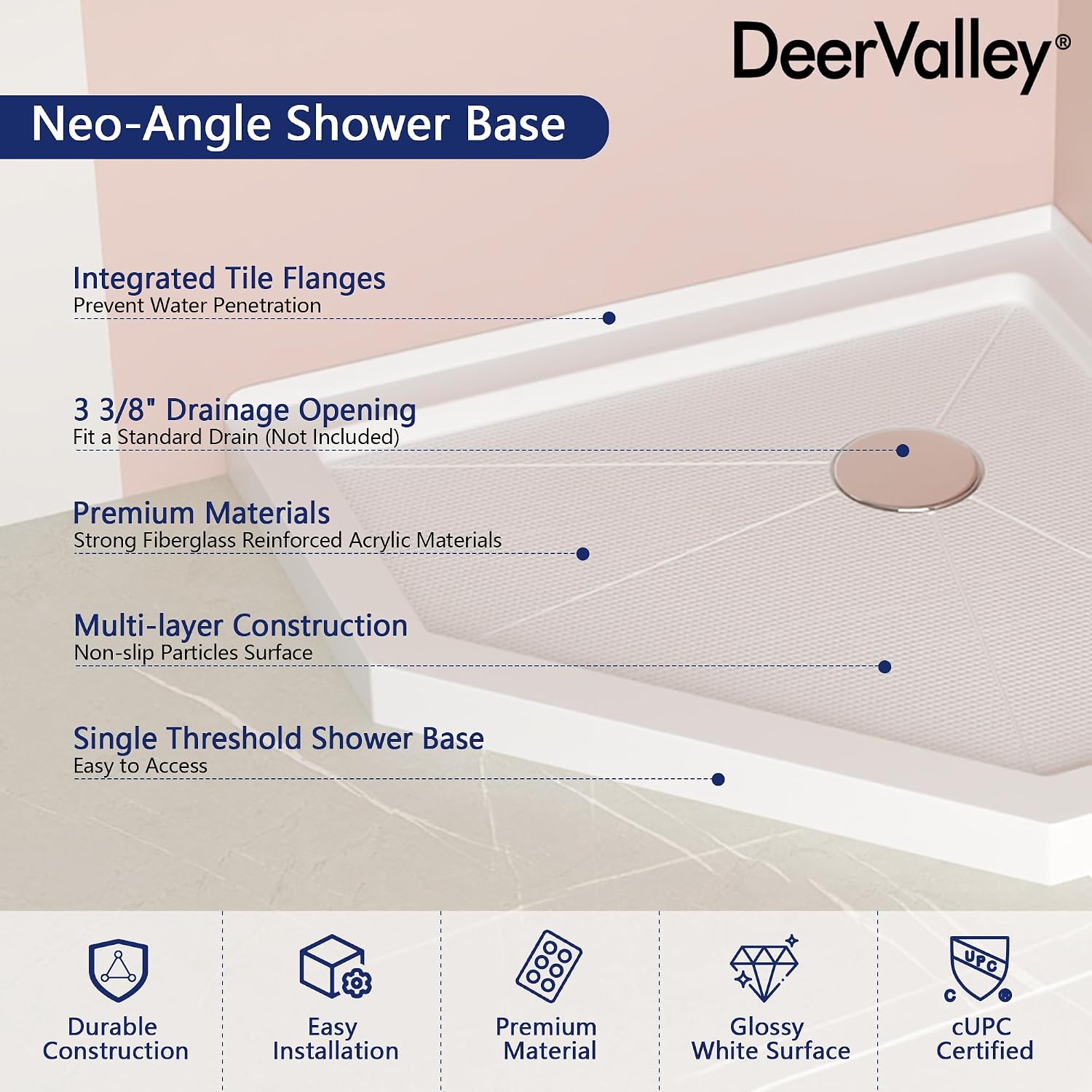 DeerValley 36'L X 36'W Neo-Angle Shower Base, White Single Threshold Acrylic Corner Shower Base, Non-Slip Textured Surface Bathroom Shower Floor Pan