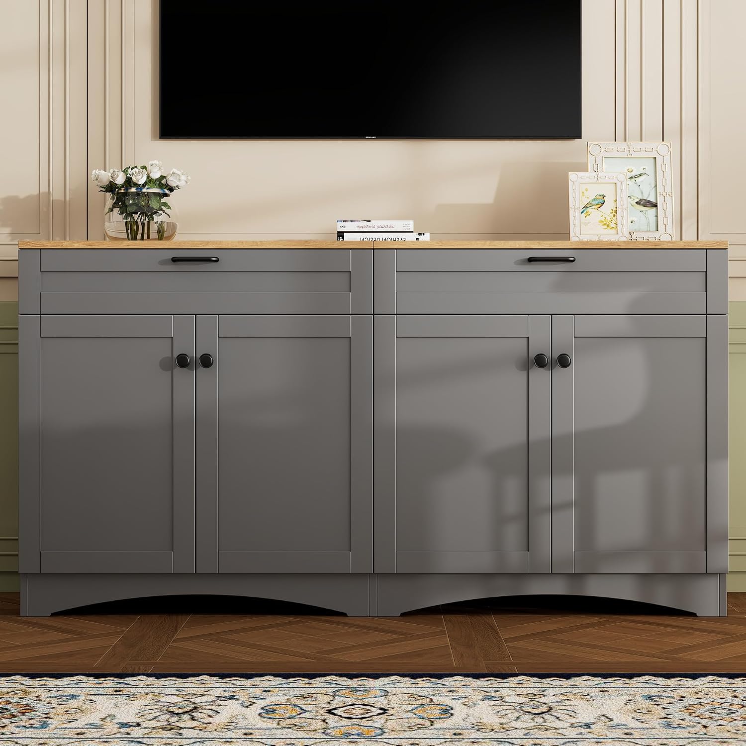 Ball & Cast Farmhouse TV Stand with 2 Drawers for TVs up to 70',Wood Grain Sideboard Buffet Cabinet w/Rustic Handles and Adjustable Shelf,Entertainment Center for Living Room,Bedroom,Grey