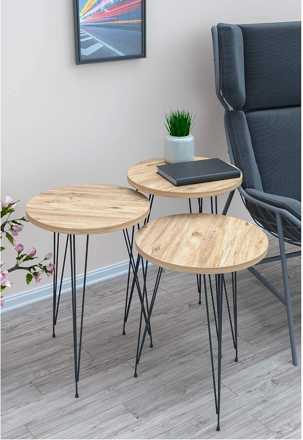 Set of 3 Pine Wood Nesting End Tables Round Wood Stacking Coffee Side Accent Table with Metal Legs for Living Room, Home Office, Nightstands for Bedroom
