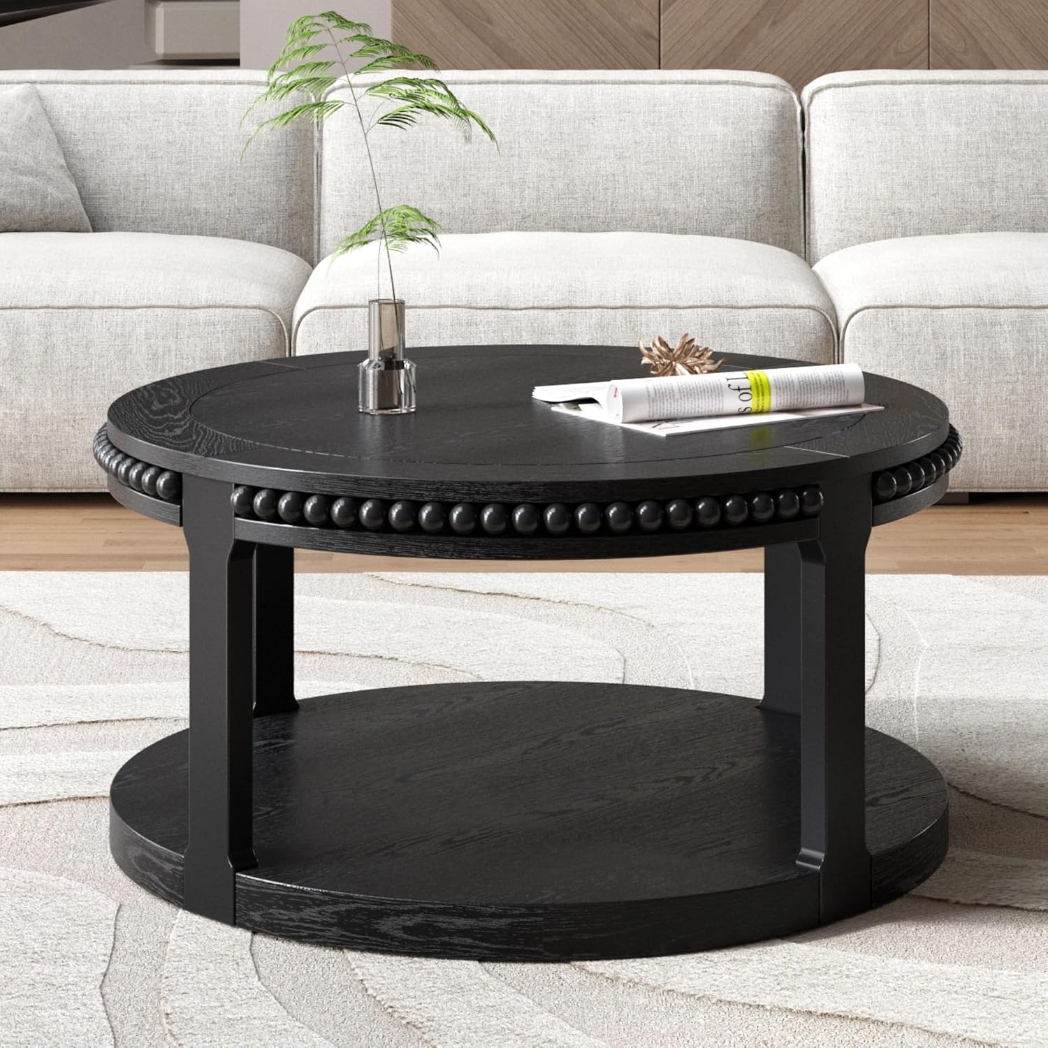 31.5'' Round Coffee Table, 2-Tier Modern Rustic Wood Circle Coffee Table for Living Room, Easy Assembly, Black