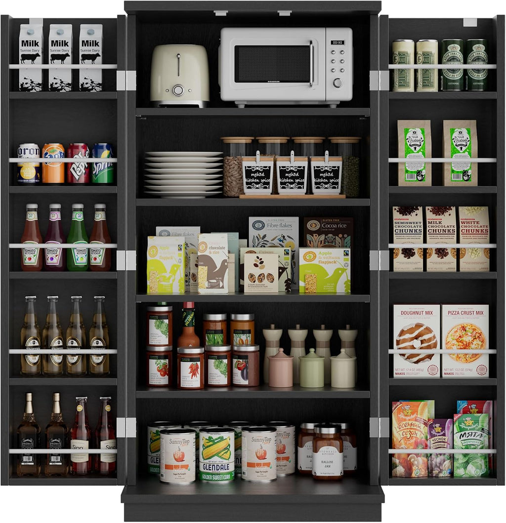 Pantry Cabinet, 47in Wooden Kitchen Storage Pantry Cabinet, Freestanding Storage Cabinets with 2 Doors, Adjustable Shelves, Black