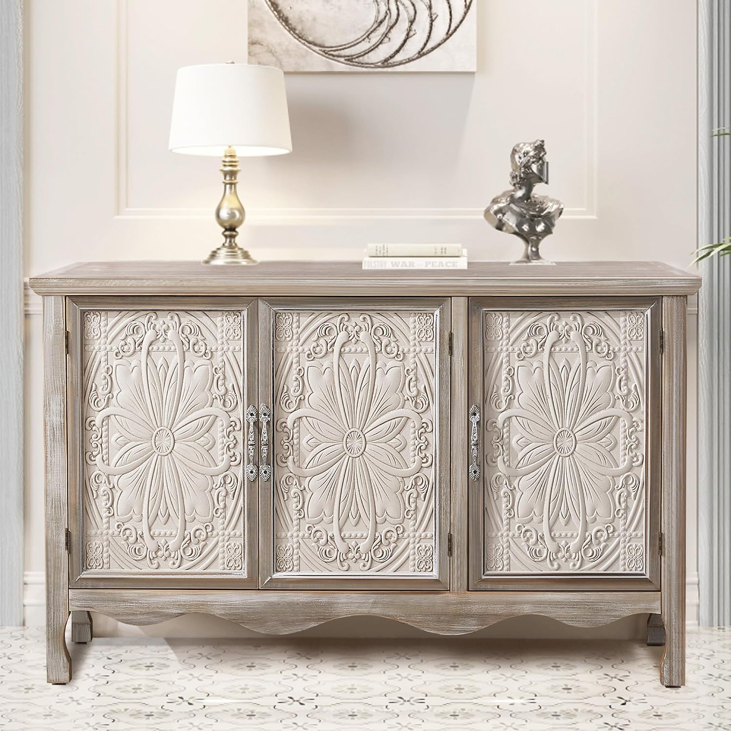 RoyalCraft Farmhouse Sideboard Buffet Cabinet with Storage, 49' Solid Wood Credenza Buffet Table Coffee Bar Wine Bar Storage Cabinet with 3 Doors for Dining Room Living Room Hallway, (Provence Gray)