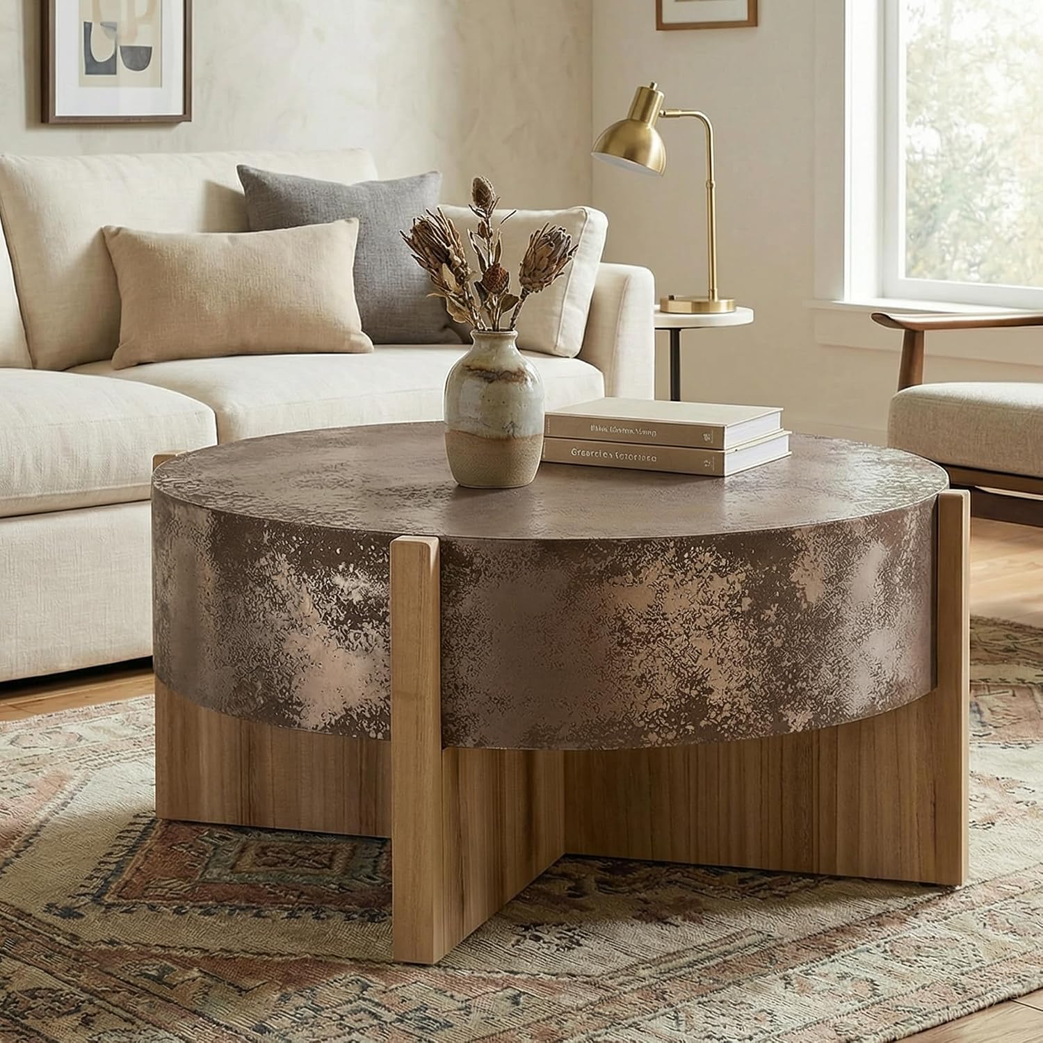 Christopher Knight Home Industrial Rustic Round Coffee Table 33.4'' Vintage Center Cocktail Table with Distressed Rust Finish for Living Room, Easy Assembly