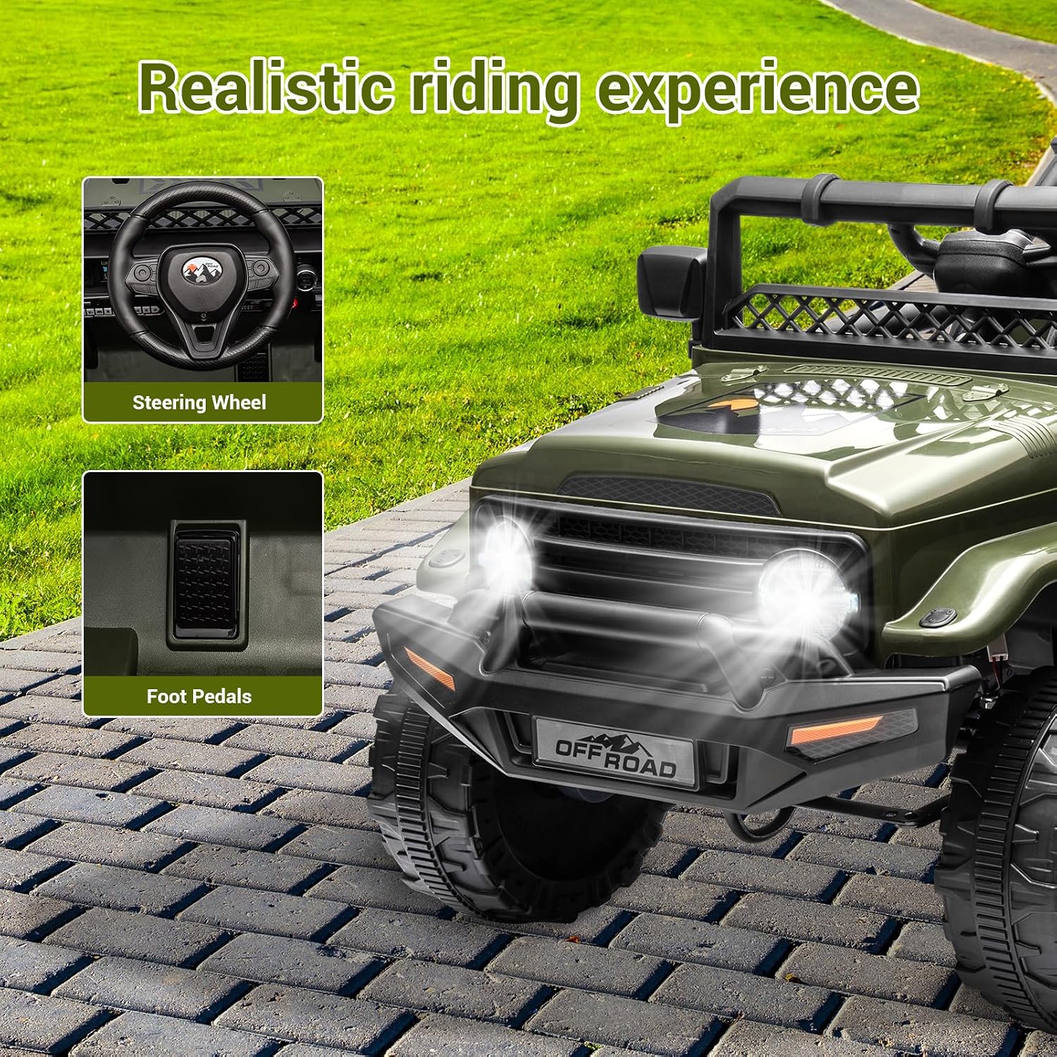 SEHOMY 12V Kids Ride On Truck with Parent Remote, 4 Wheels Battery Powered Electric Car for Kids Toys - 3 Speed, Spring Suspension, LED Lights, Safety Start, Music, Kids Electric Vehicles Dark Green