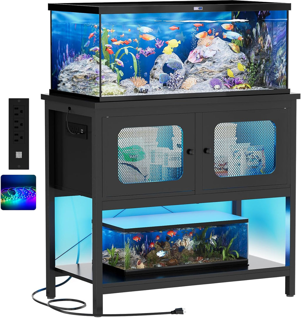 iSunirm 40-50 Gallon Fish Tank Stand, Aquarium Stand with Cabinet Accessories Storage, Heavy Duty Metal Frame, Reptile Terrarium Stand, 37.5' L*18.89' W Tabletop, 880LBS Capacity, Black