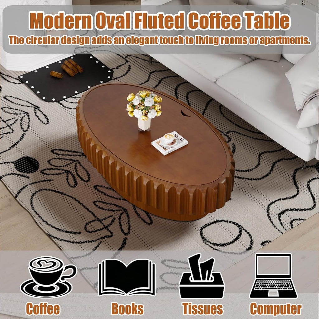 43.3' Oval Drum Coffee Table with Hidden Storage, Modern Fluted Coffee Tables with Solid Wood Veneer, Wooden Center Table for Living Room, Bedroom, Apartment, Easy Assembly