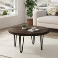 FLYJOE Rustic Wood Round Coffee Table with Metal Legs, Solid Elm Wood Top and Non-Slip Feet Pads - Farmhouse Style for Living Room, Walnut