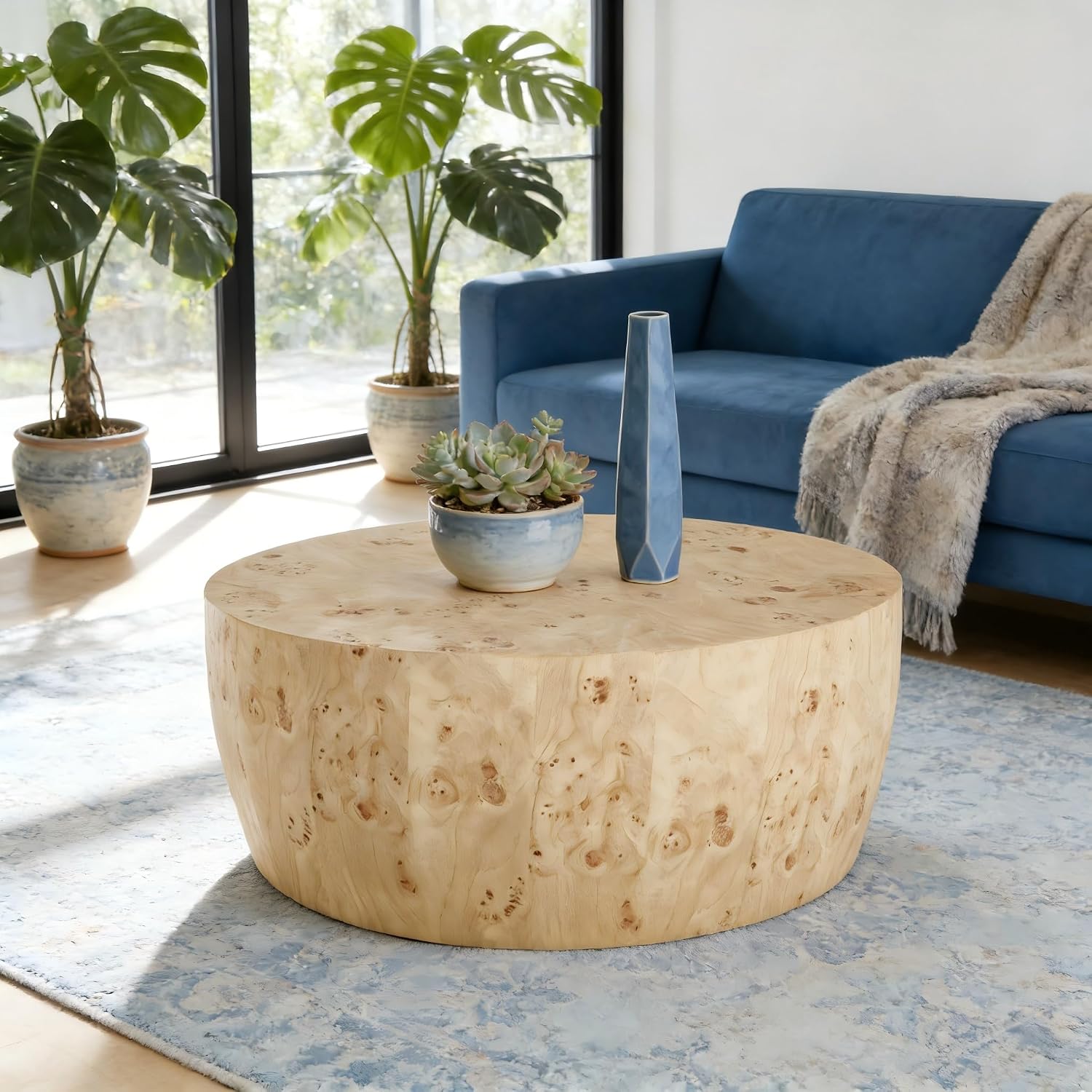 35' Rustic Drum Coffee Table for Living Room Round Center Table Modern Drum-Shape Wooden Cocktail Table for Home Office, Fully Assembled - Burl Wood Veneer Natural Color