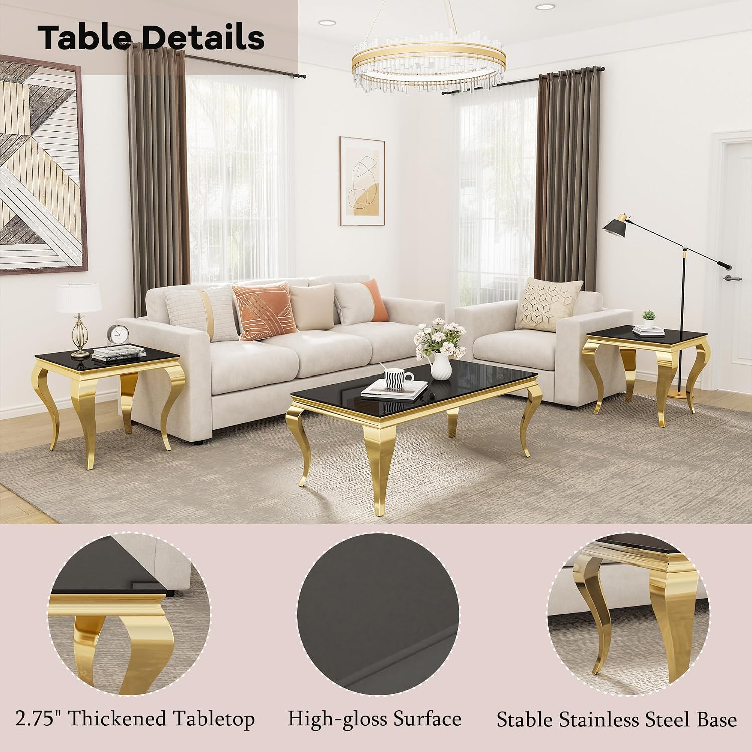 Glass Coffee Table Set of 3, Modern 3 Piece Living Room Set Include 1 Coffee Table and 2 End Tables, with Black Tempered Glass Top and Gold Stainless Steel Legs for Apartment