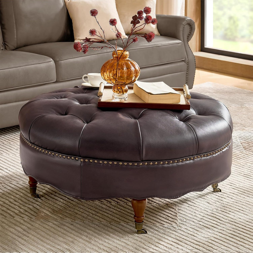 HULALA HOME 40' Genuine Leather Coffee Table, Large Round Button Tufted Coffee Table with Rolling Wheels, Solid Wood Legs, Nailhead Trim, Upholstered Ottoman Seating for Living Room, Espresso