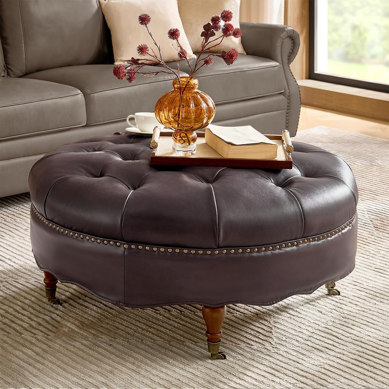 HULALA HOME 40' Genuine Leather Coffee Table, Large Round Button Tufted Coffee Table with Rolling Wheels, Solid Wood Legs, Nailhead Trim, Upholstered Ottoman Seating for Living Room, Espresso