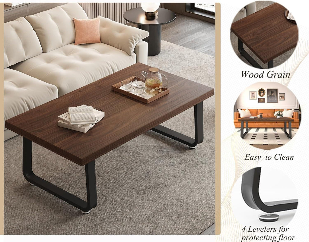 HSH Rustic Walnut Coffee Table, 39' Mid Century Modern Center Table, Rectangle Industrial Living Room Coffee Table, Simple Farmhouse Wood and Metal Tea Coffee Tables for Home Bedroom, Walnut, 39 in