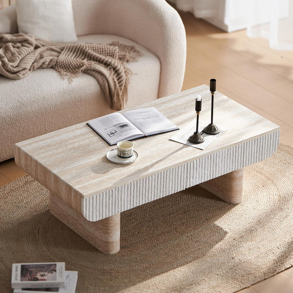 47' Travertine Coffee Table with Storage, Mid-Century Modern Fluted Coffee Tables with 2 Drawers for Living Room, Large Rectangular Coffee Center Tea Table with Sturdy Legs for Apartment Small Spaces