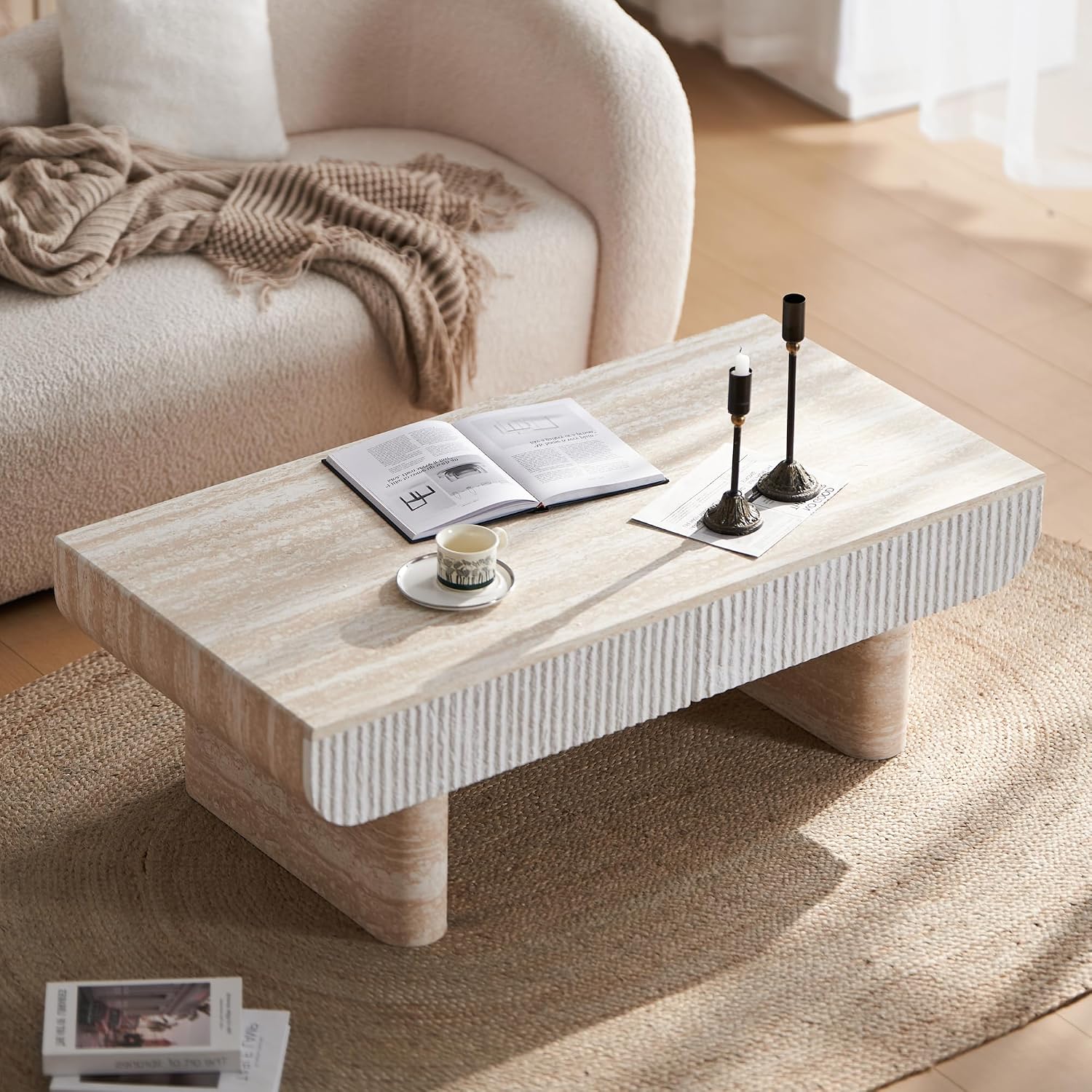 47' Travertine Coffee Table with Storage, Mid-Century Modern Fluted Coffee Tables with 2 Drawers for Living Room, Large Rectangular Coffee Center Tea Table with Sturdy Legs for Apartment Small Spaces