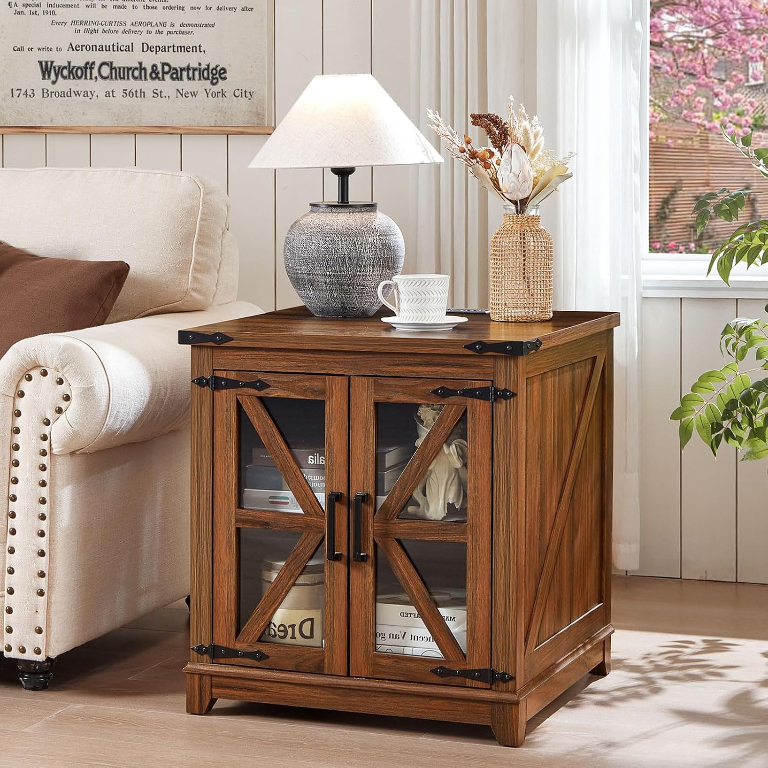 Farmhouse End Table Set of 2,24' Large Sofa Side Table with Charging Station Glass Barn Door,Wood Nightstand with Adjustable Storage Shelf,Square Bedside Table for Living Room,Bedroom,Office-Brown