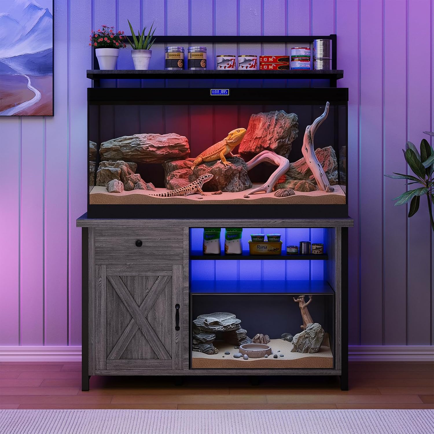 Reptile Tank Stand with Power Outlet, Terrarium Stand with Storage Cabinet, 49' X 20' Tabletop, Aquarium Stand with LED Lights, Reptile Terrarium,Turtle Tank (Gray)