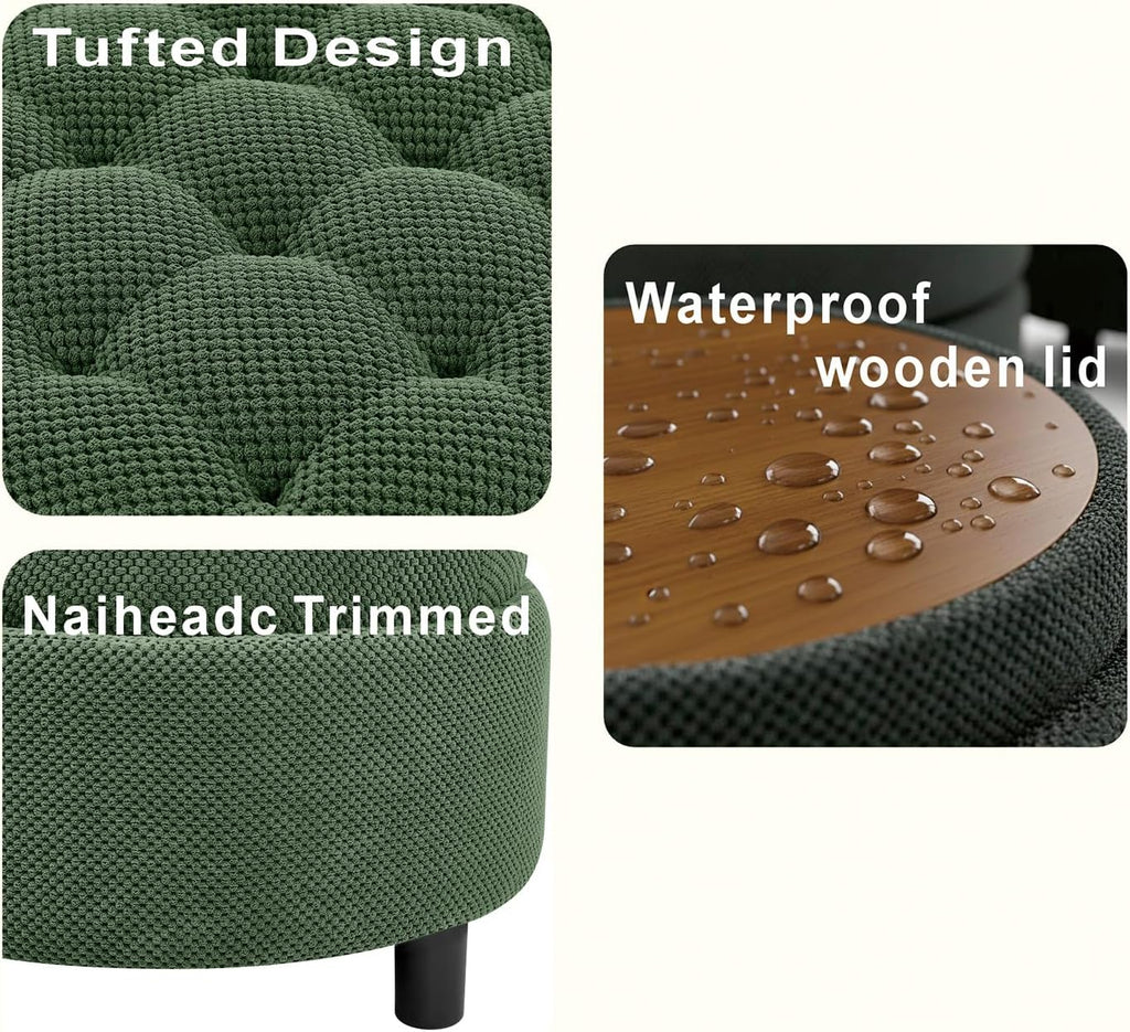 Round Storage Ottoman with Reversible Tray Lid, 25' Upholstered Button Tufted Coffee Table with Storage Foot Rest Stool for Living Room, Bedroom, Entryway, Green
