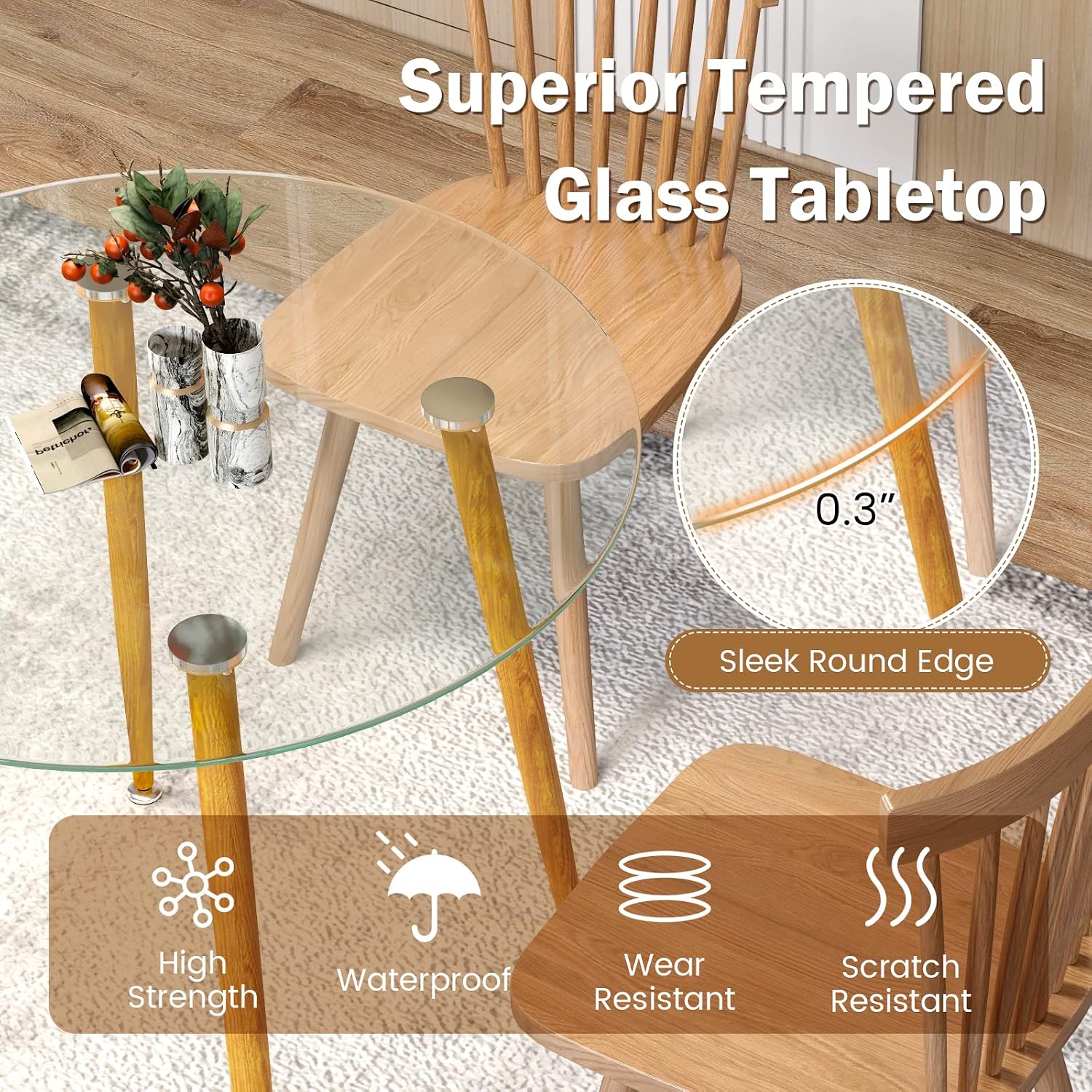 Giantex Round Glass Dining Table, 35.5' D x 30' H Kitchen Dinner Table w/Tempered Glass Tabletop & Metal Legs, Circle Leisure Coffee Table for Dining Room & Living Room, Clear & Natural, 2 Pack