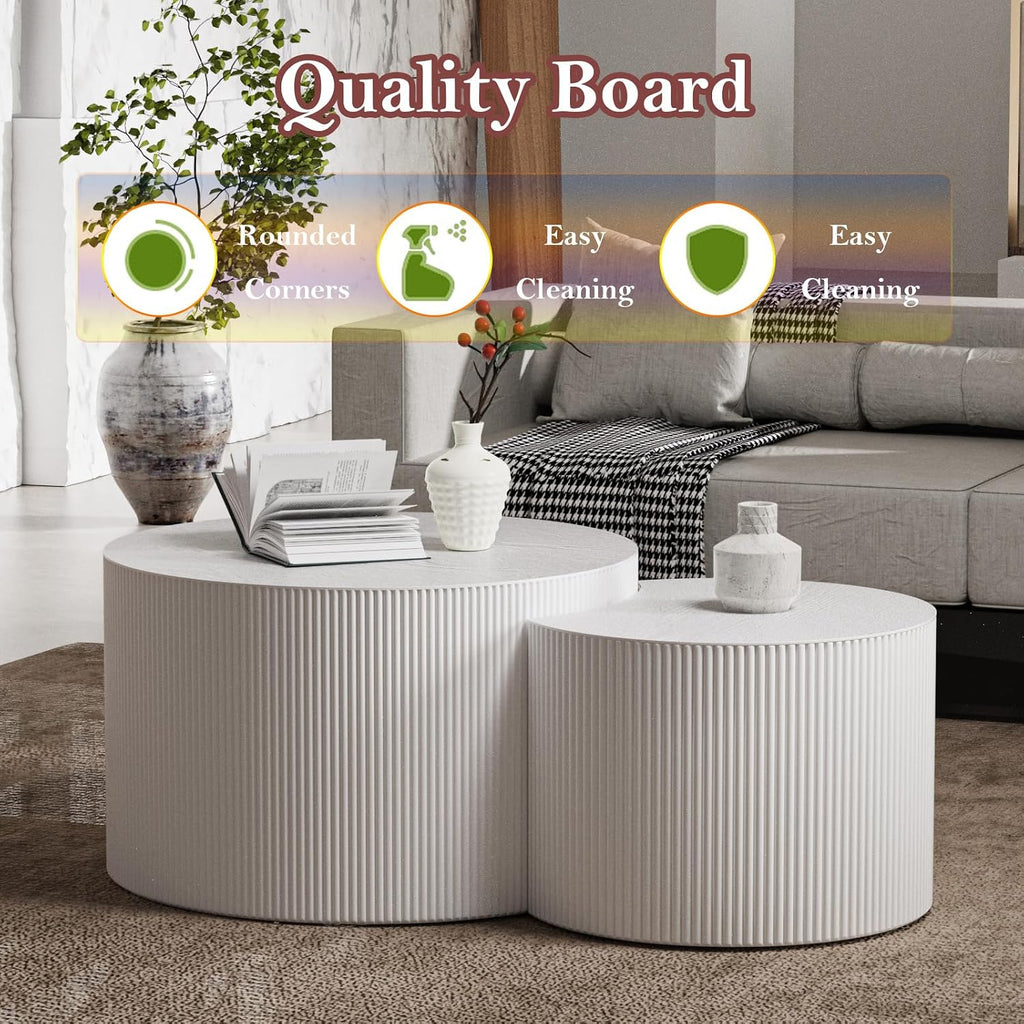 Modern Drum Coffee Table Set of 2 Stylish Minimalism Wave Stripe Fluted Nesting End Table - No Assemble, for Small Space (C-27.6IN+19.7IN)