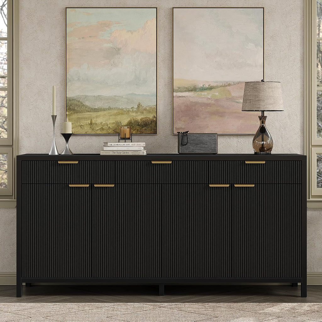 Yanosaku 66' W Fluted Buffet Cabinet, Sideboard Storage Cabinet with 3 Drawers & 2 Cabinets, Mid-Century Coffee Bar Table for Living Room, Black