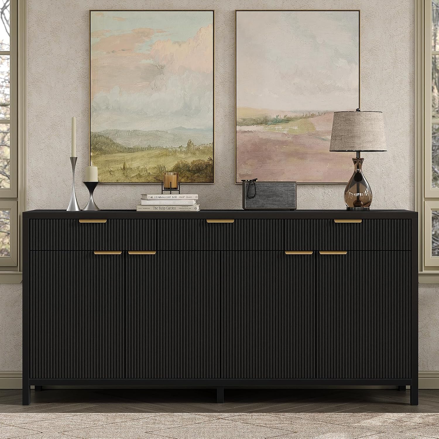 Yanosaku 66' W Fluted Buffet Cabinet, Sideboard Storage Cabinet with 3 Drawers & 2 Cabinets, Mid-Century Coffee Bar Table for Living Room, Black