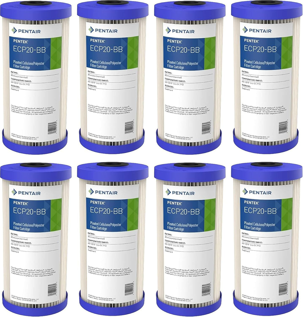 Pentair Pentek ECP20-BB Big Blue Sediment Water Filter, 10-Inch, Whole House Pleated Cellulose Polyester Cartridge, 10' x 4.5', Blue End-Cap, 20 Micron, Pack of 8
