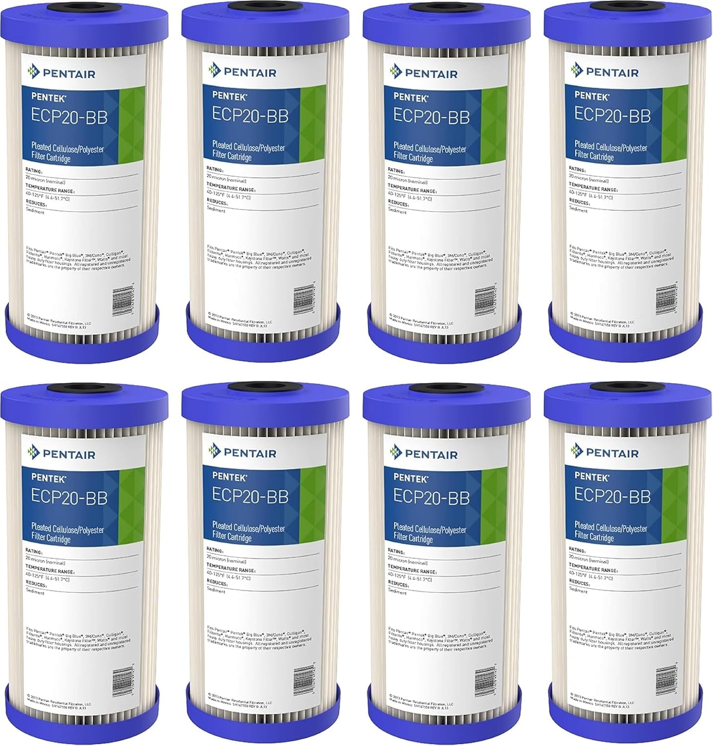 Pentair Pentek ECP20-BB Big Blue Sediment Water Filter, 10-Inch, Whole House Pleated Cellulose Polyester Cartridge, 10' x 4.5', Blue End-Cap, 20 Micron, Pack of 8
