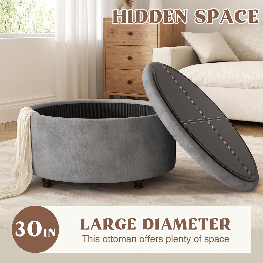 30 Inch Round Storage Ottoman,Modern Tufted Ottomans,Circular Coffee Table with Removable Top,Upholstered Large Ottoman with Storage Footrest Stool for Bedroom Living Room (LIGHTGREY)