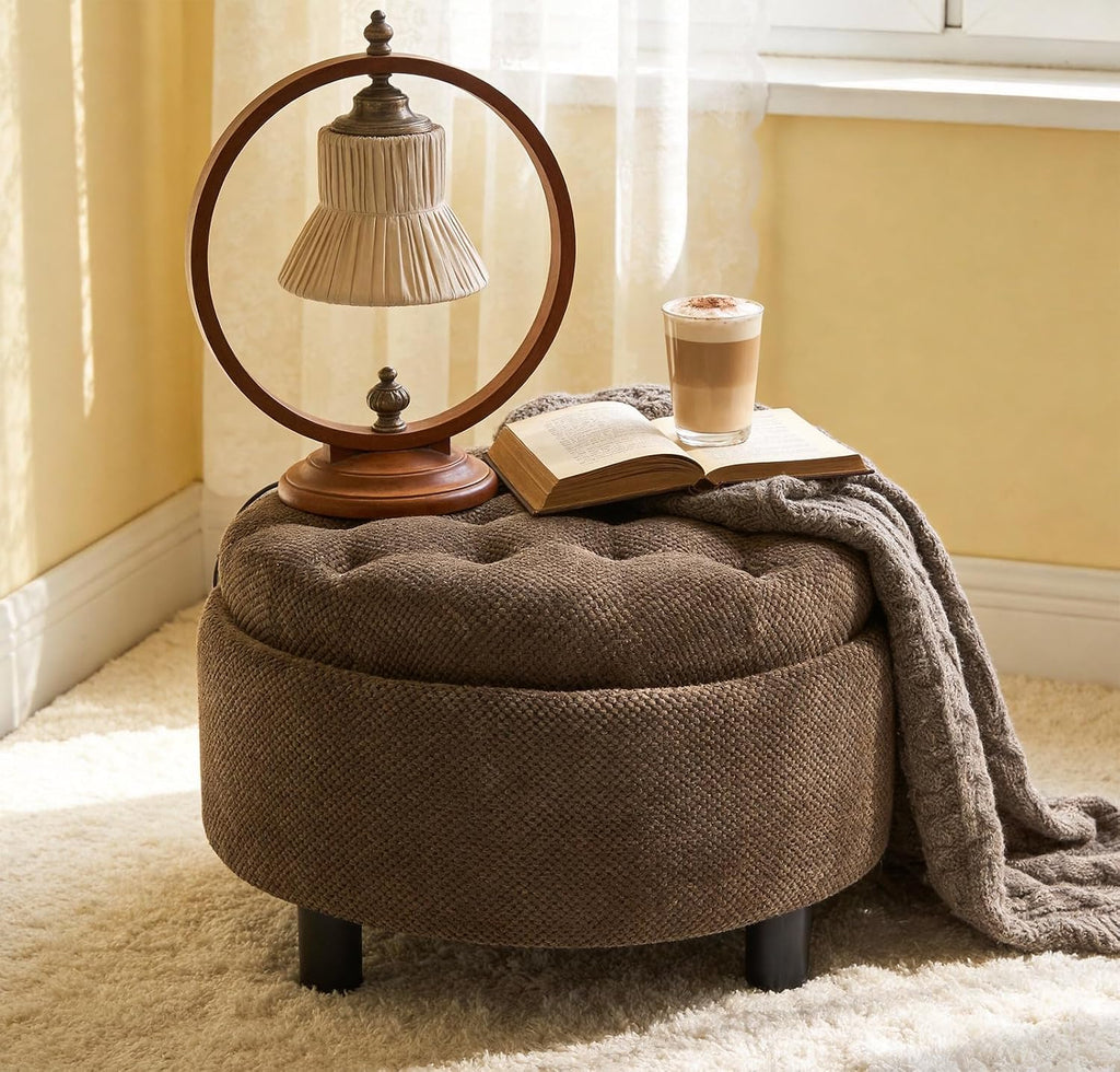Round Storage Ottoman with Reversible Tray Lid, 25' Upholstered Button Tufted Coffee Table with Storage Foot Rest Stool for Living Room, Bedroom, Entryway, Coffee