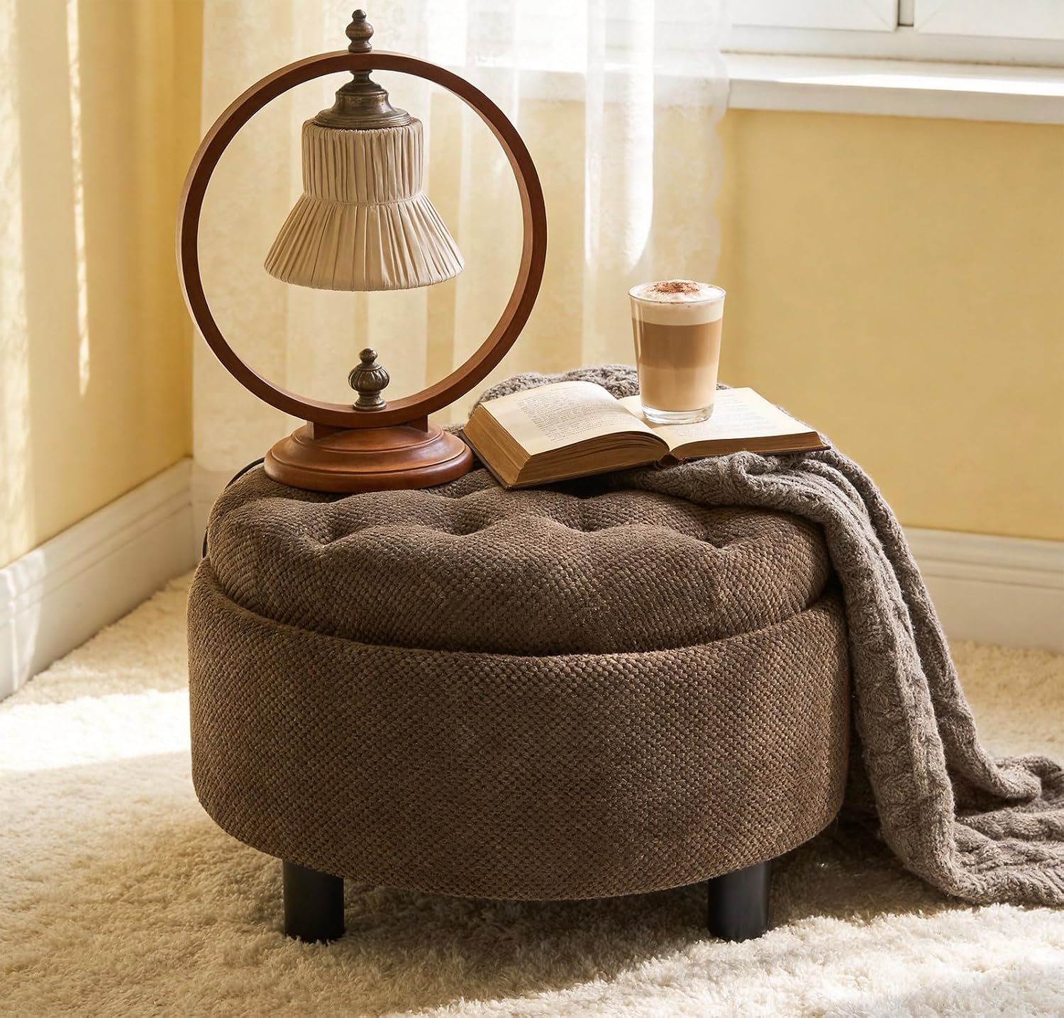 Round Storage Ottoman with Reversible Tray Lid, 25' Upholstered Button Tufted Coffee Table with Storage Foot Rest Stool for Living Room, Bedroom, Entryway, Coffee