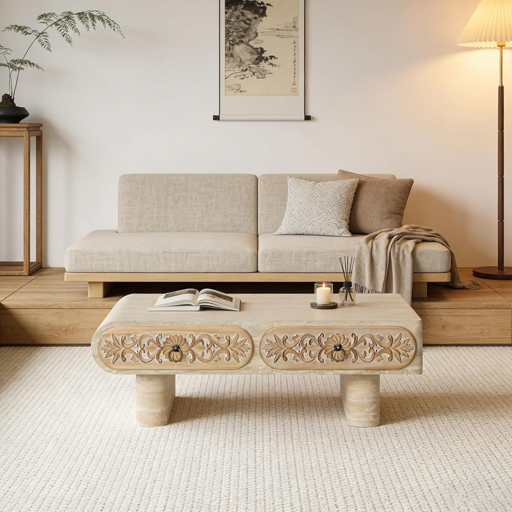 39.5' Faux Mars Coffee Table with Storage, Modern Travertine Coffee Tables with 2 Solid Wood Carved Drawers for Living Room, Rectangular Coffee Center Tea Table with Sturdy Legs for Apartment