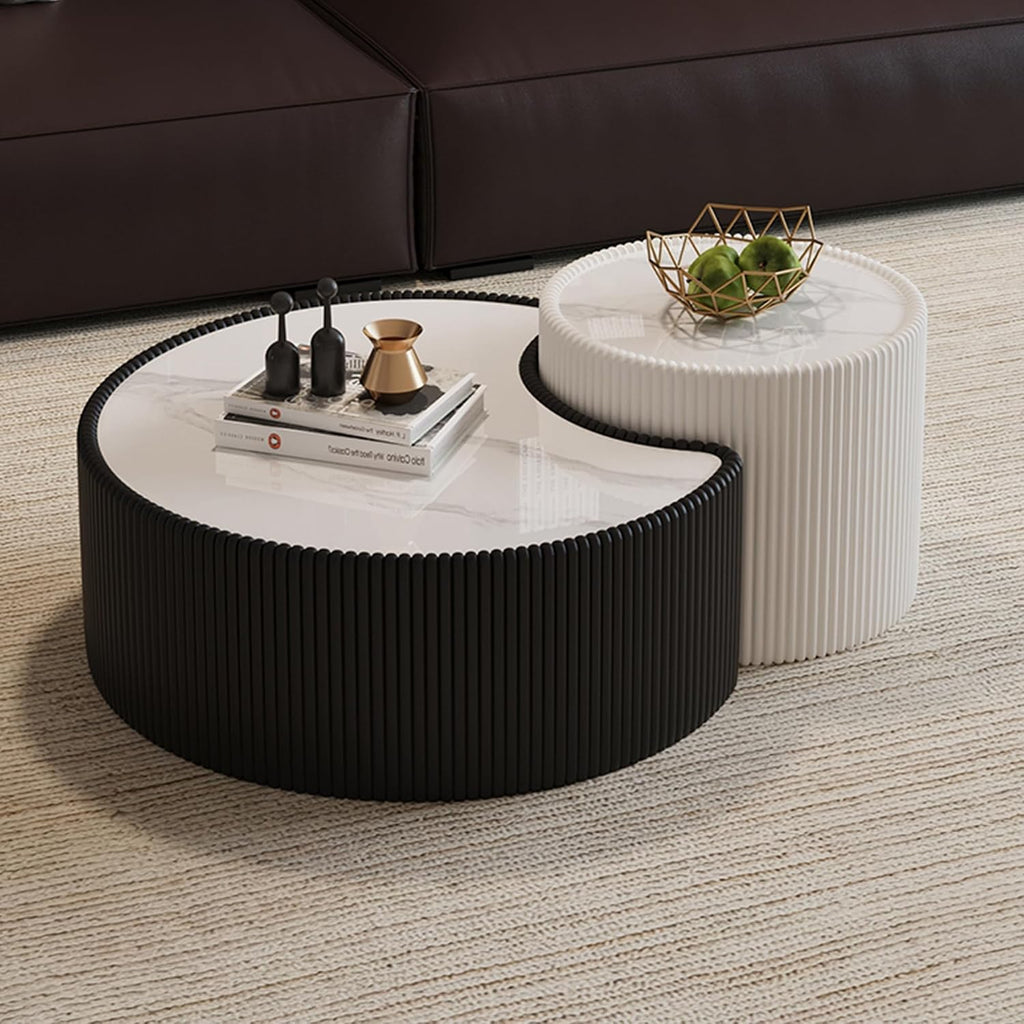 29.53' Marble Coffee Table, Modern Creative Moon Coffee Table with Sintered Stone Top and PU Leather Covered, Black Fluted Cocktail Center Tea Coffee Tables for Living Room,No Need Assembly