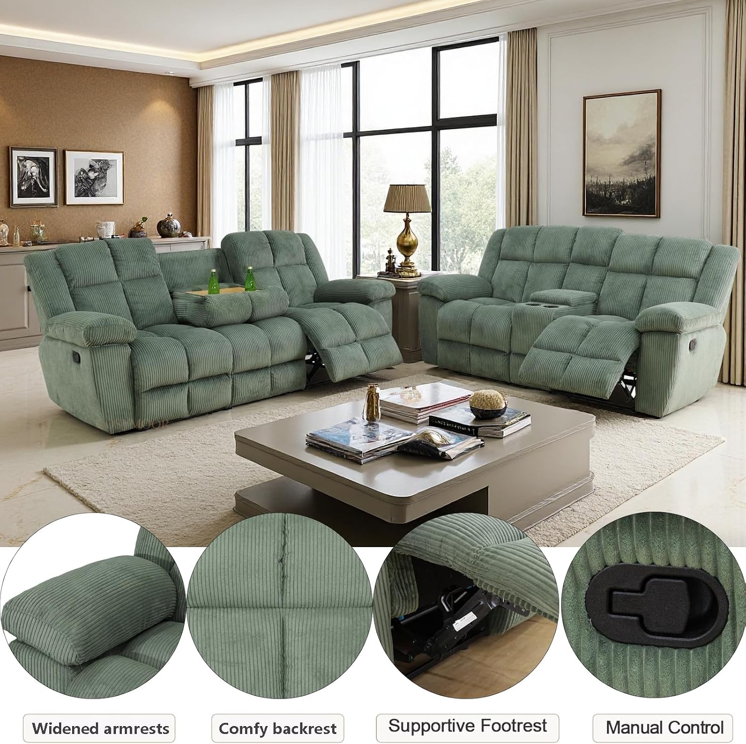 Manual Corduroy Sofa Set with Drop-Down Table, 2 Pieces Corduroy Recliner Sofa Sets, Living Room Furniture Sets, Recliner Loveseat with Storage Console/Cup Holder for Home/Office