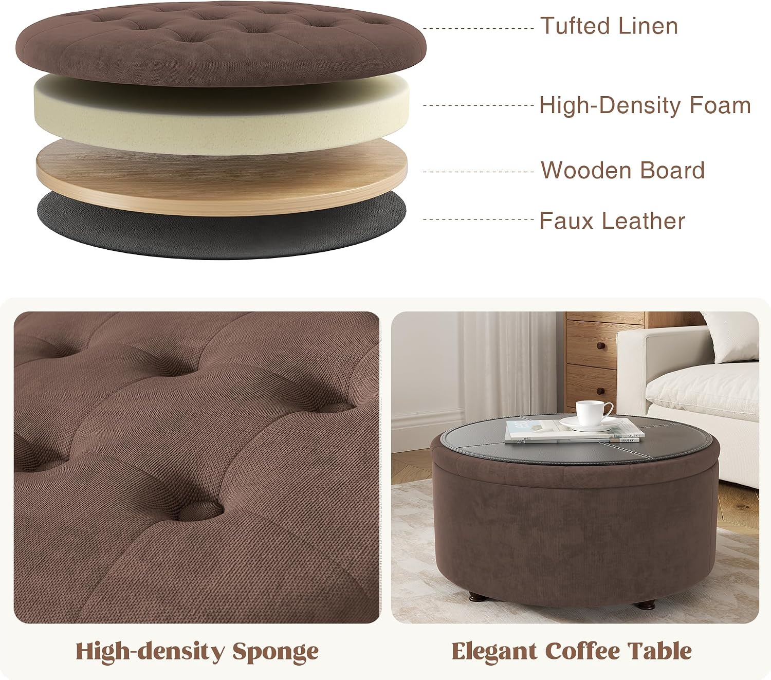 30 Inch Round Storage Ottoman,Modern Tufted Ottomans,Upholstered Large Ottoman with Storage with Removable Top Footrest Stool for Bedroom Living Room (Darkbrown)