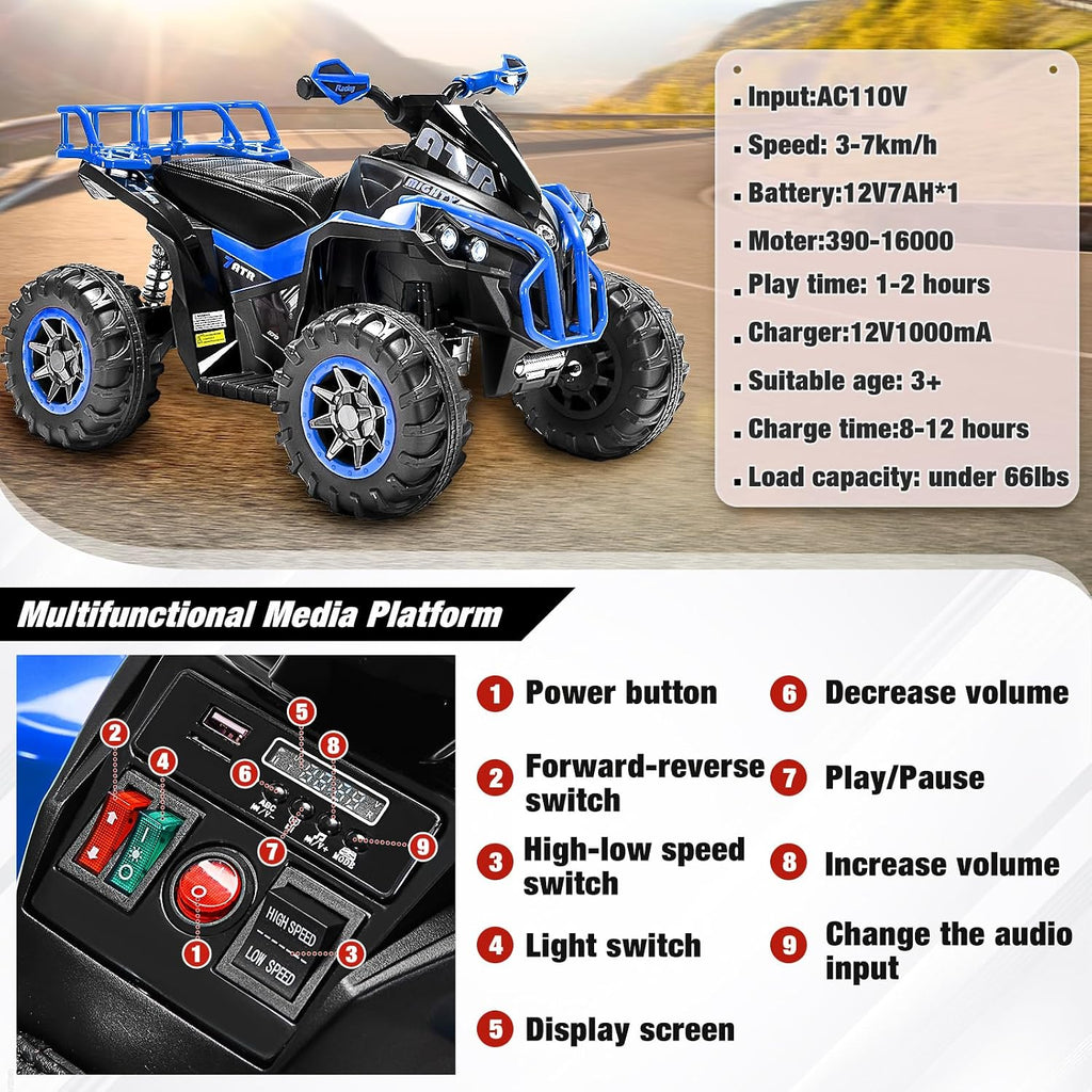Soar Four Wheeler for Kids – Electric Toddler ATV 4 Wheeler for Ages 3–6, 12V Ride On Quad with LED Lights, Music, High/Low Speed, USB/TF, Treaded Tires, Blue