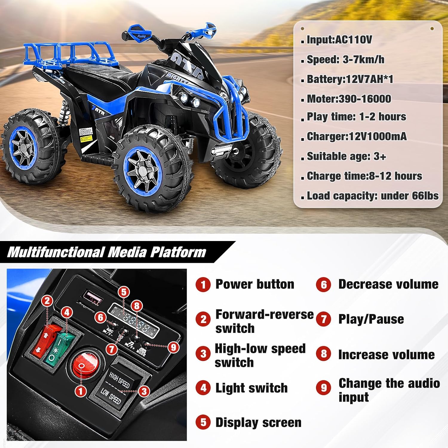 Soar Four Wheeler for Kids – Electric Toddler ATV 4 Wheeler for Ages 3–6, 12V Ride On Quad with LED Lights, Music, High/Low Speed, USB/TF, Treaded Tires, Blue