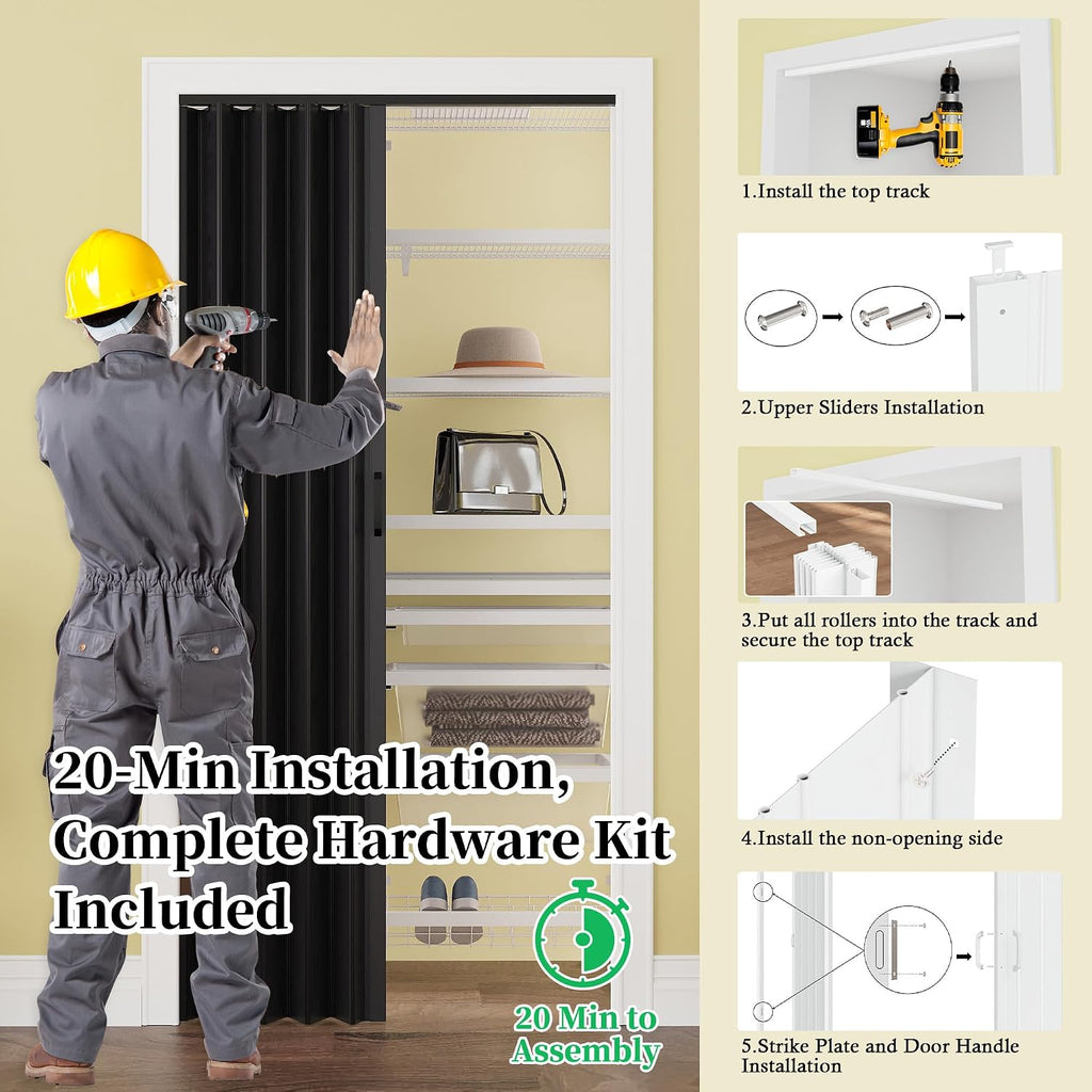 96' x 80' PVC Interior Accordion Door, Suitable for Opening Width 73'-96', Trimmable Height & Width, Room Dividers for Pantry Laundry Closet RV, Strong Magnet Folding Doors, Easy to Install, Black