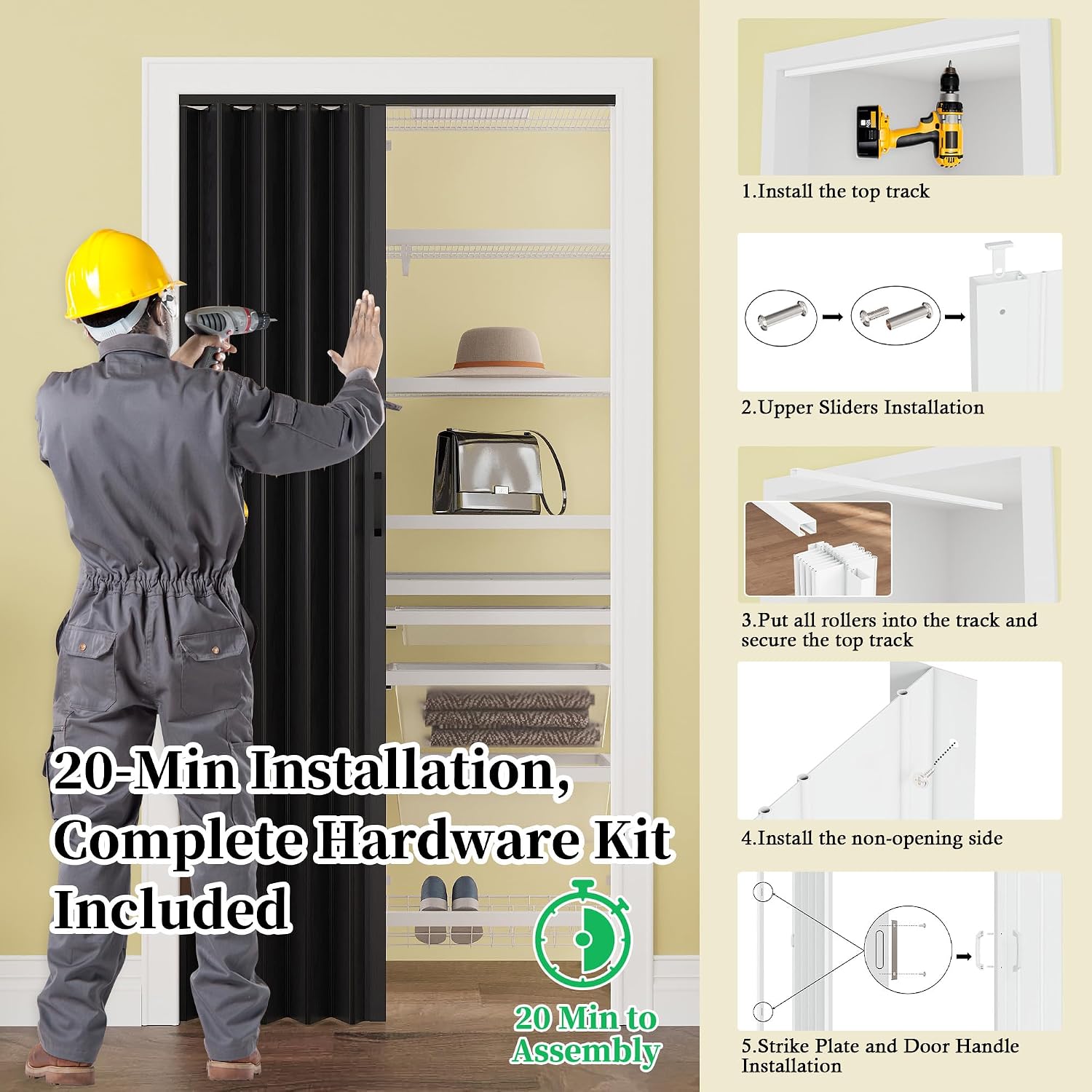 96' x 80' PVC Interior Accordion Door, Suitable for Opening Width 73'-96', Trimmable Height & Width, Room Dividers for Pantry Laundry Closet RV, Strong Magnet Folding Doors, Easy to Install, Black