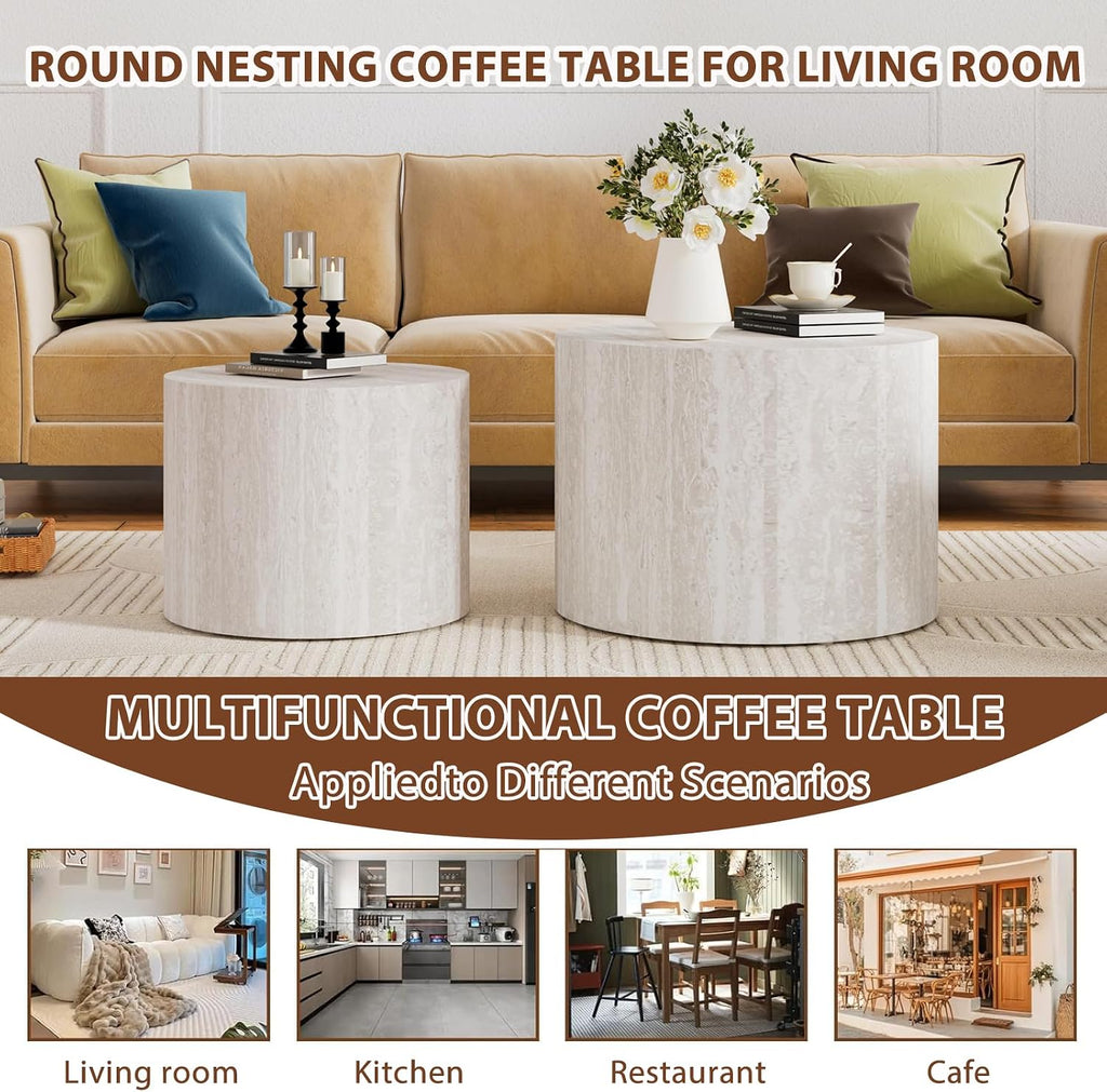 Travertine Round Coffee Table Set of 2, Nesting Coffee Tables and End Table Set Wood Small Circle Drum Side Table for Living Room, Apartment, Office, No Assembly (Travertine)