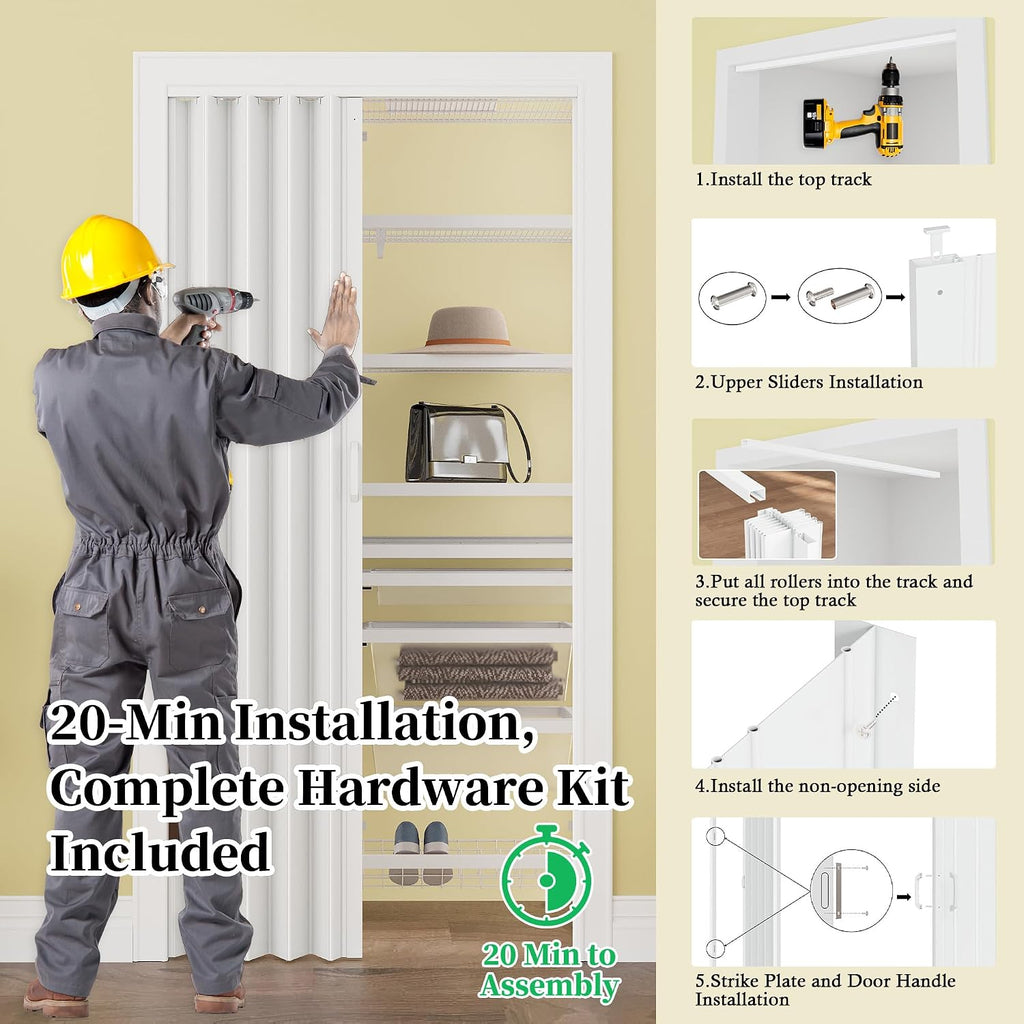 72' x 80' Accordion Doors Interior, Suitable for Doorway Width: 61'-72', PVC Folding Door with Clear Instructions, Accordion Door for Doorway Closet Bedroom Room Divider, Soundproof & Easy to Install