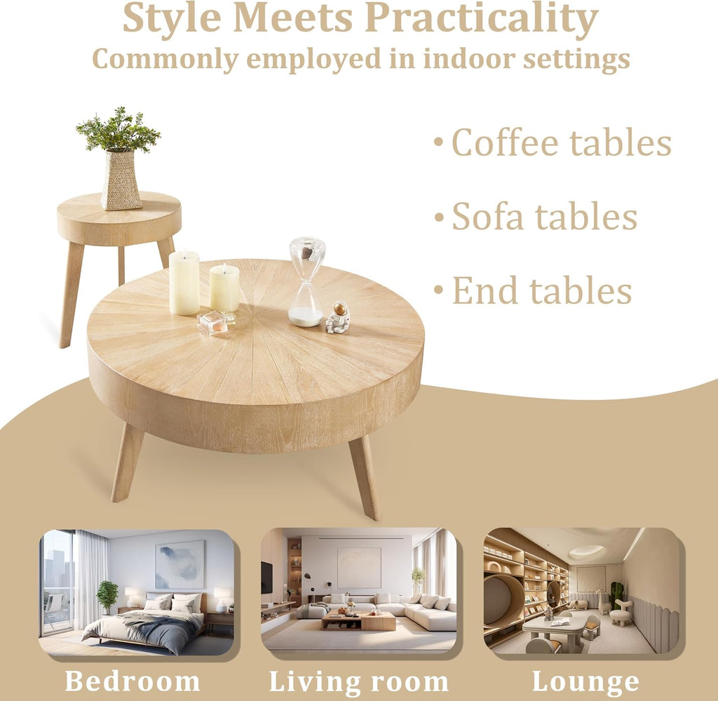 Nesting Round Wood Coffee Table Set of 2 - Wooden Circle Coffee Table ＆ End Table Side Table for Living Room Apartment (Light Brown,31x31x14 in)