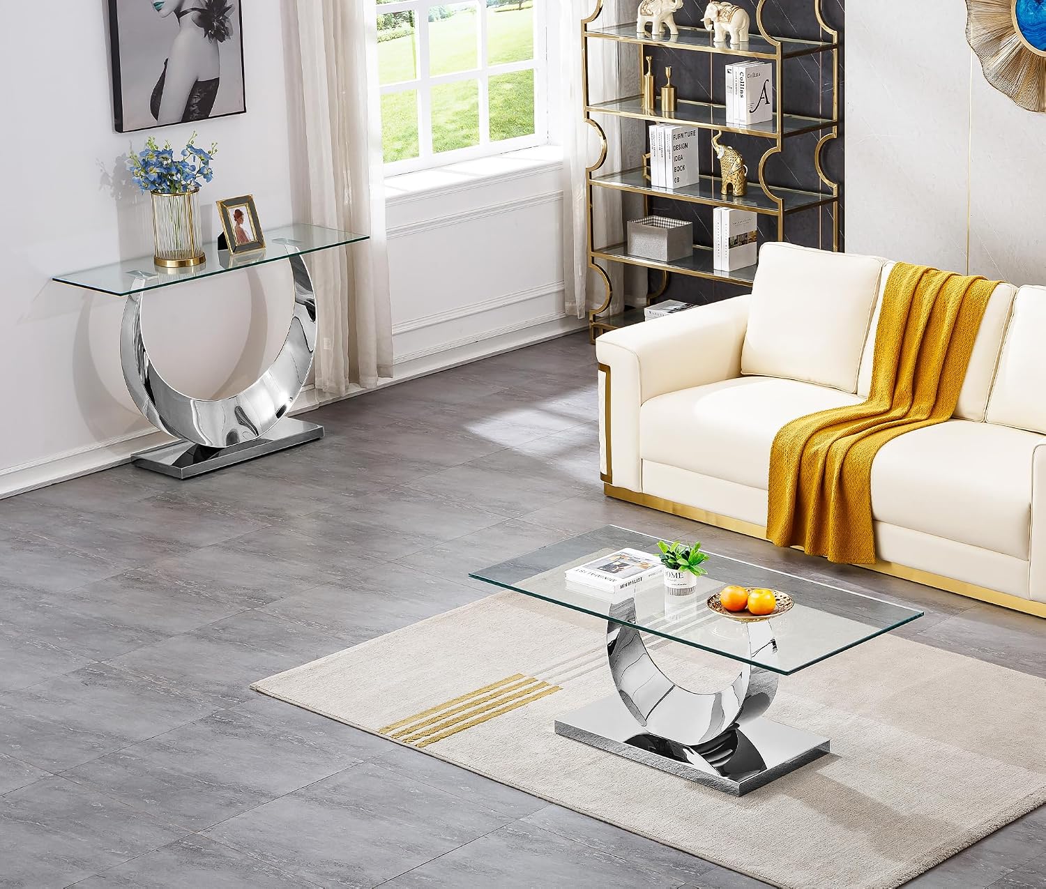 2 Pieces Living Room Table Set, Glass Coffee Table Set of 2, Modern Coffee Table and Console Table with U-Shaped Stainless Steel Base for Living Room (Silver)