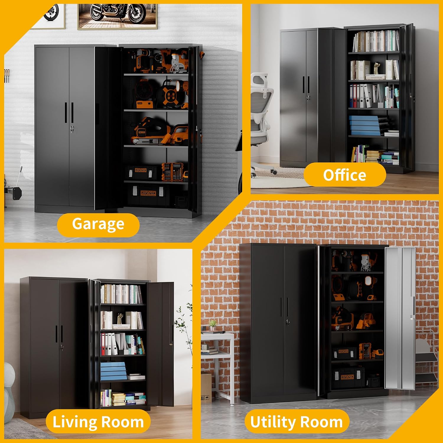 Metal Storage Cabinet with 2 Doors and 4 Adjustable Shelves, 71' Garage Storage Cabinet with Anti-Tipping Design, Lockable Garage Cabinets for Office, Home, Garage, Gym, School