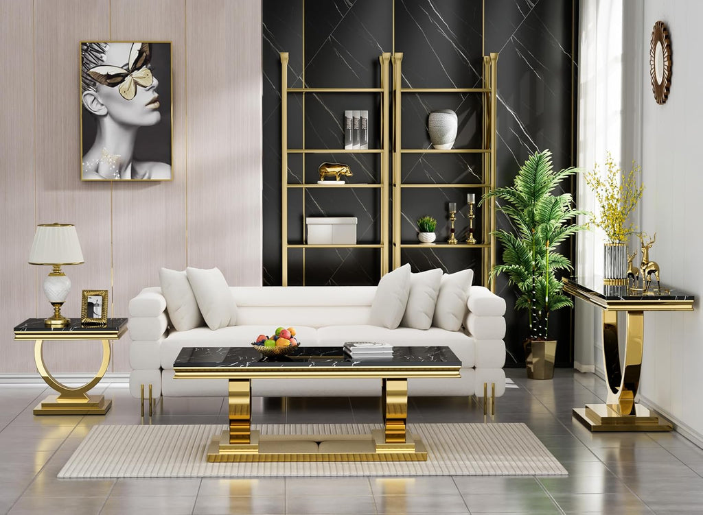 Henf 3 Piece Living Room Table Set, Faux Marble Coffee Table & Console Table & End Table, Luxury Black Gold Coffee Table Set of 3 with Mirrored Stainless Steel Base for Living Room Apartment